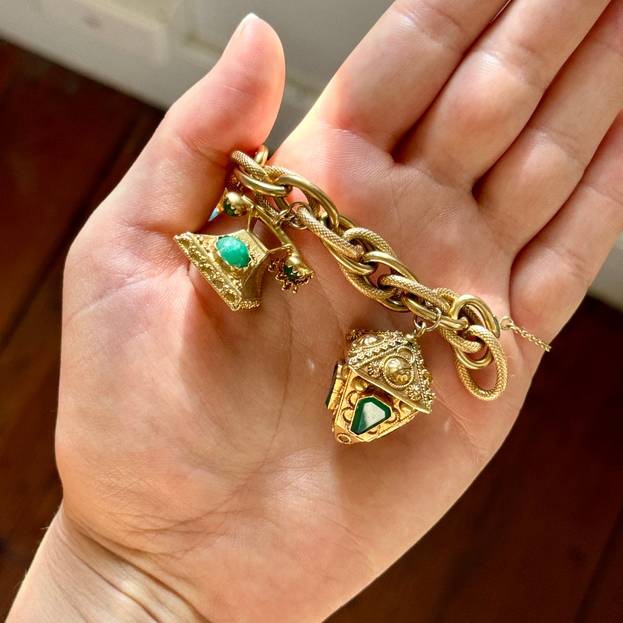 Vintage 18K Gold Multi-Stone Charm Bracelet with Fob - Elegant Jewelry for Women, Perfect for Parties, Weddings & Special Occasions
