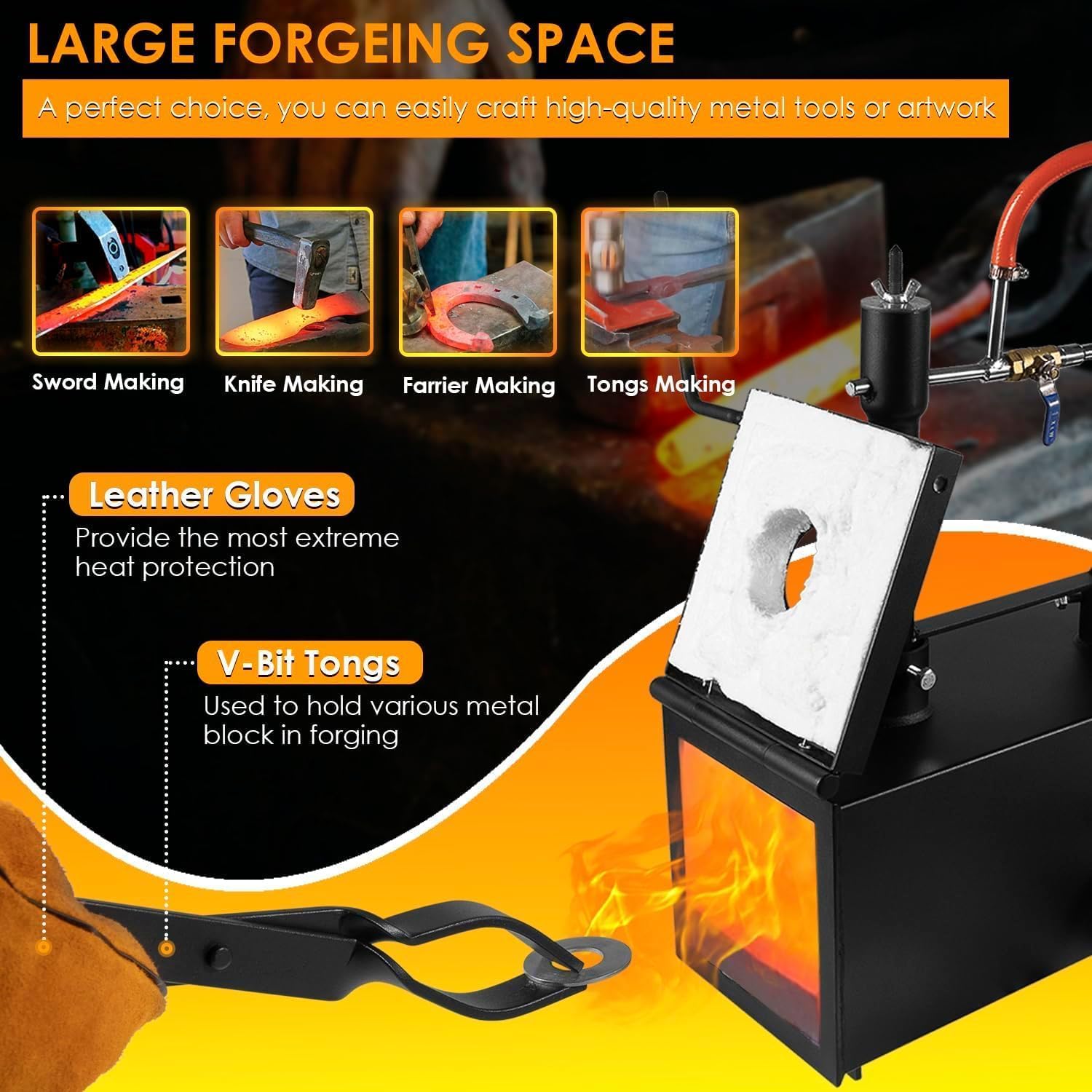 High-Temperature 2700℉ Propane Forge with 3 Burners - Large Square Blacksmith Gas Forge Kit with V-Bit Tongs & Leather Gloves - Perfect for Farrier Work, Knife Making, and Metal Tool Crafting - Ideal for DIY Blacksmithing, Jewelry Making, and Metalworking Projects