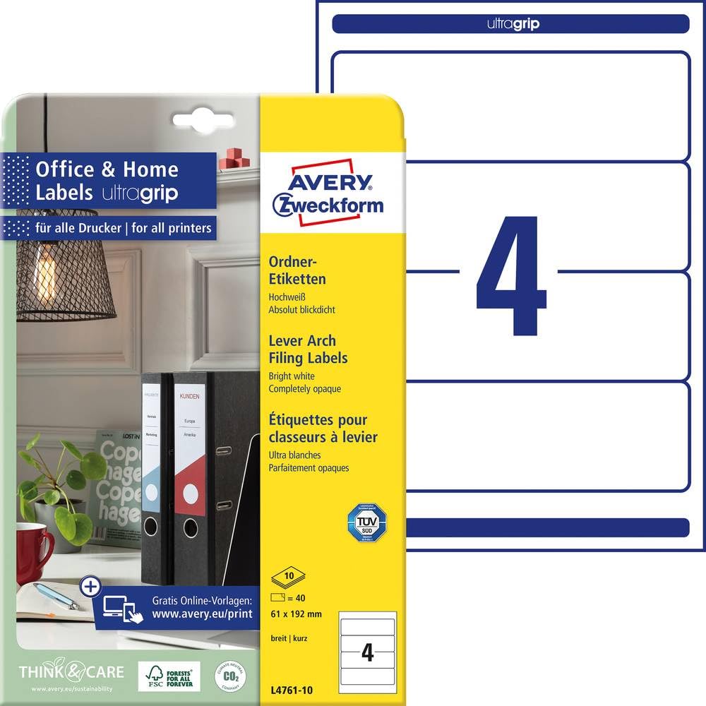 Avery Zweckform L4761-10 White File Labels 192x61mm - 10 Sheets for Inkjet & Laser Printers - Perfect for Office Filing, Document Organization & Mailing