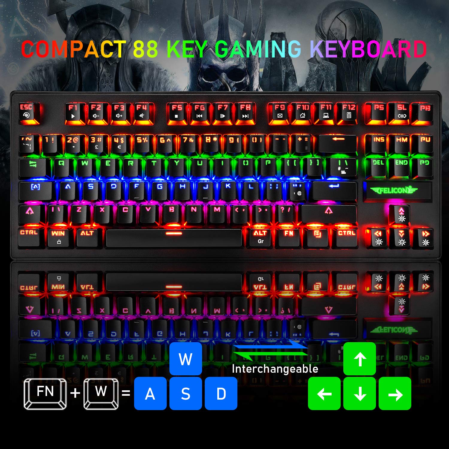 K2 UK Layout Gaming Keyboard and Mouse Set - 80% TKL Wired Mechanical Keyboard with 88 Keys, Clicky Optical Blue Switches, Rainbow Backlit, Lightweight PS4 Gaming Mouse & Mouse Pad for PC/MAC (Black) - Perfect for Esports, Streaming & Office Work