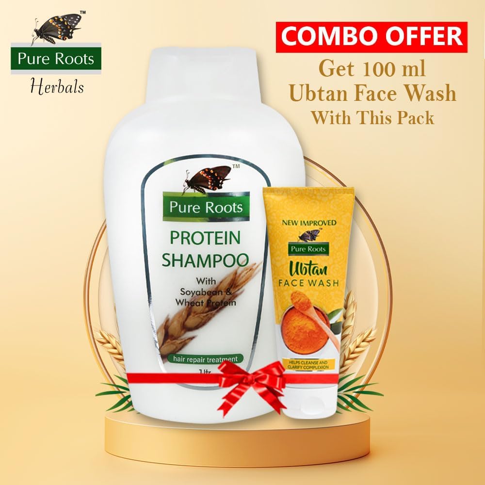 Pure Roots Protein Rich Hair Fall Control Shampoo with Ubtan Face Wash - 1000ml Shampoo + 100ml Face Wash for All Hair & Skin Types | Strengthens Hair, Reduces Breakage & Cleanses Skin | Perfect for Daily Hair Care & Facial Cleansing Routine