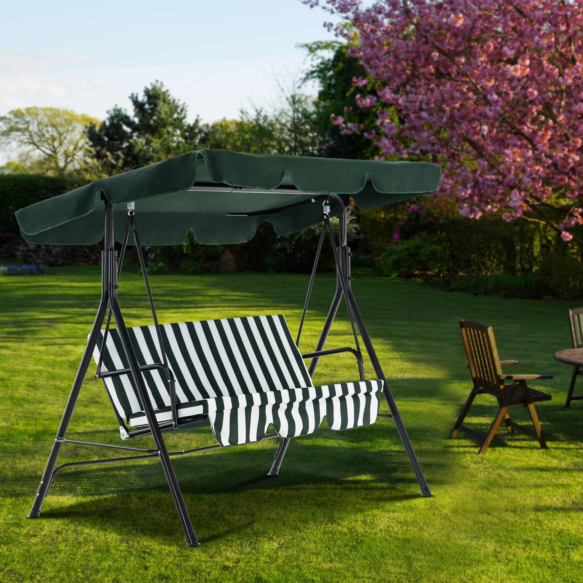 MCombo 2-3 Person Outdoor Patio Swing Chair with Canopy & Steel Stand - Removable Cushions, Weather-Resistant - Perfect for Backyard, Garden, Balcony, Porch (Green & White Stripes) | Relaxing, Lounging & Outdoor Decor