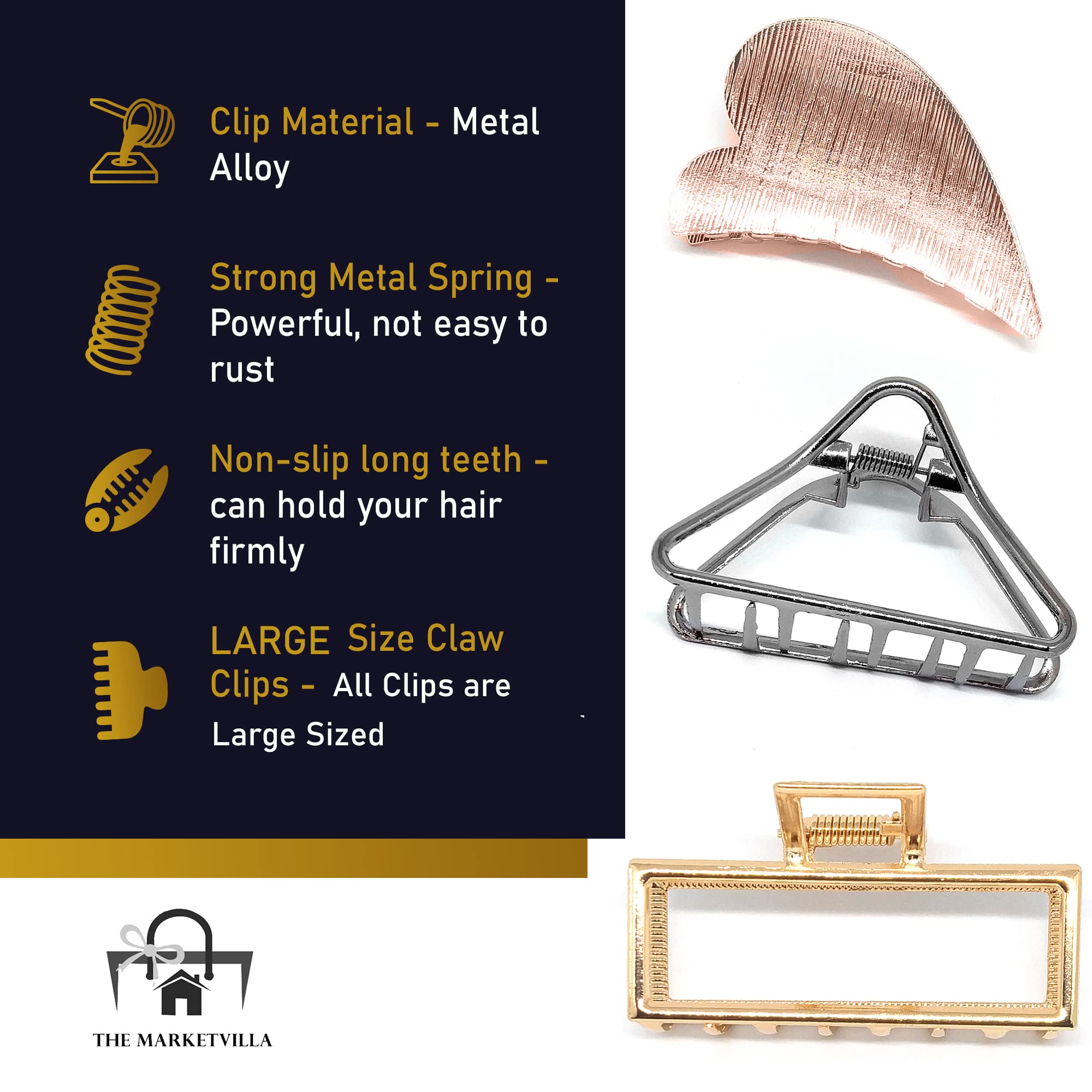 THE MARKETVILLA Large Hair Claw Clips for Women - Pack of 4, Metal Hair Clips for Thick Hair, Stylish Hair Accessories for Women | Perfect for Updos, Ponytails & Everyday Hairstyles