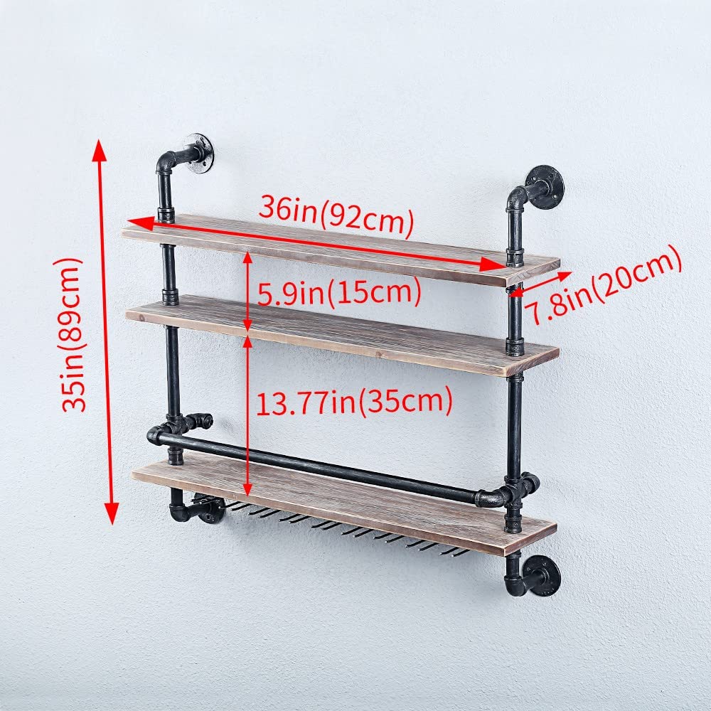 Industrial Pipe Shelf Wine Rack Wall Mounted with 9 Stem Glass Holder - 36 Inch Rustic Wood Floating Shelves for Bar, Kitchen & Dining Room Decor - Wine Storage & Glass Display Shelf for Home & Commercial Use