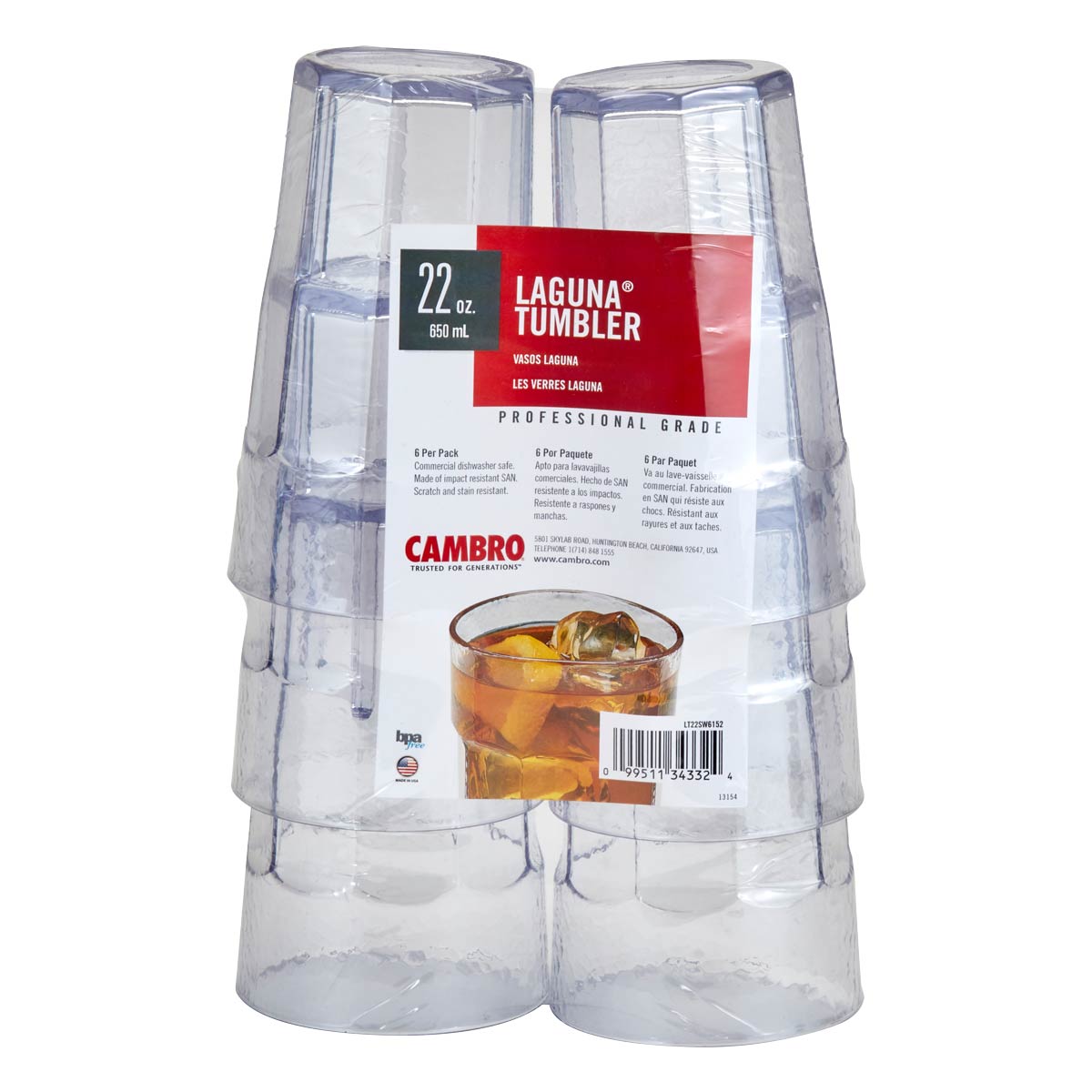Cambro LT22SW6152 22 oz. Clear Laguna Fluted Tumbler - 6-Pack | Durable Plastic Cups for Restaurants, Cafes & Catering | Perfect for Iced Coffee, Smoothies & Cold Beverages