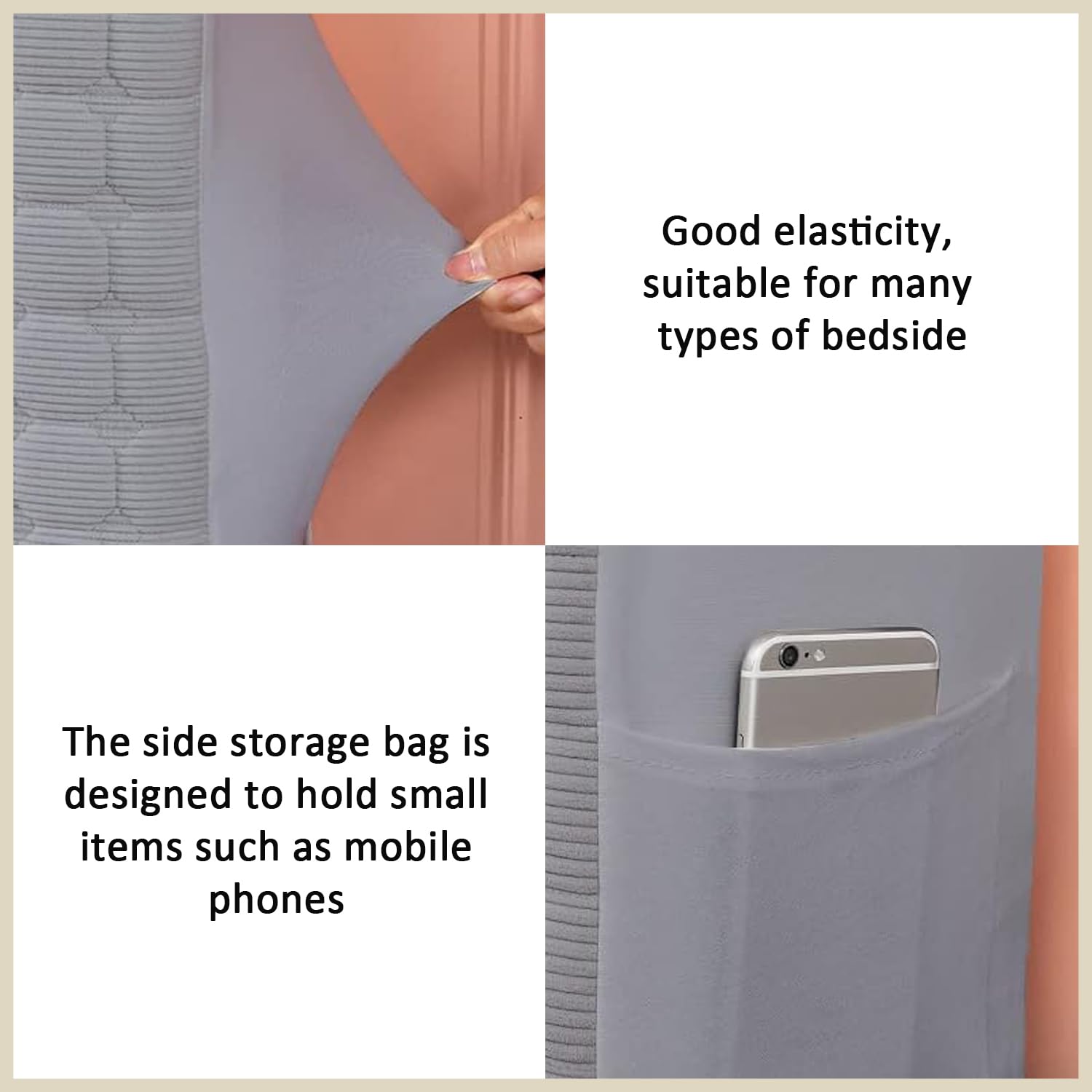 Elastic Bed Headboard Slipcover with Side Pockets - King Size Grey Removable Protective Cover for Bedroom Decor - Perfect for Home, Hotel, and Dorm Room Use