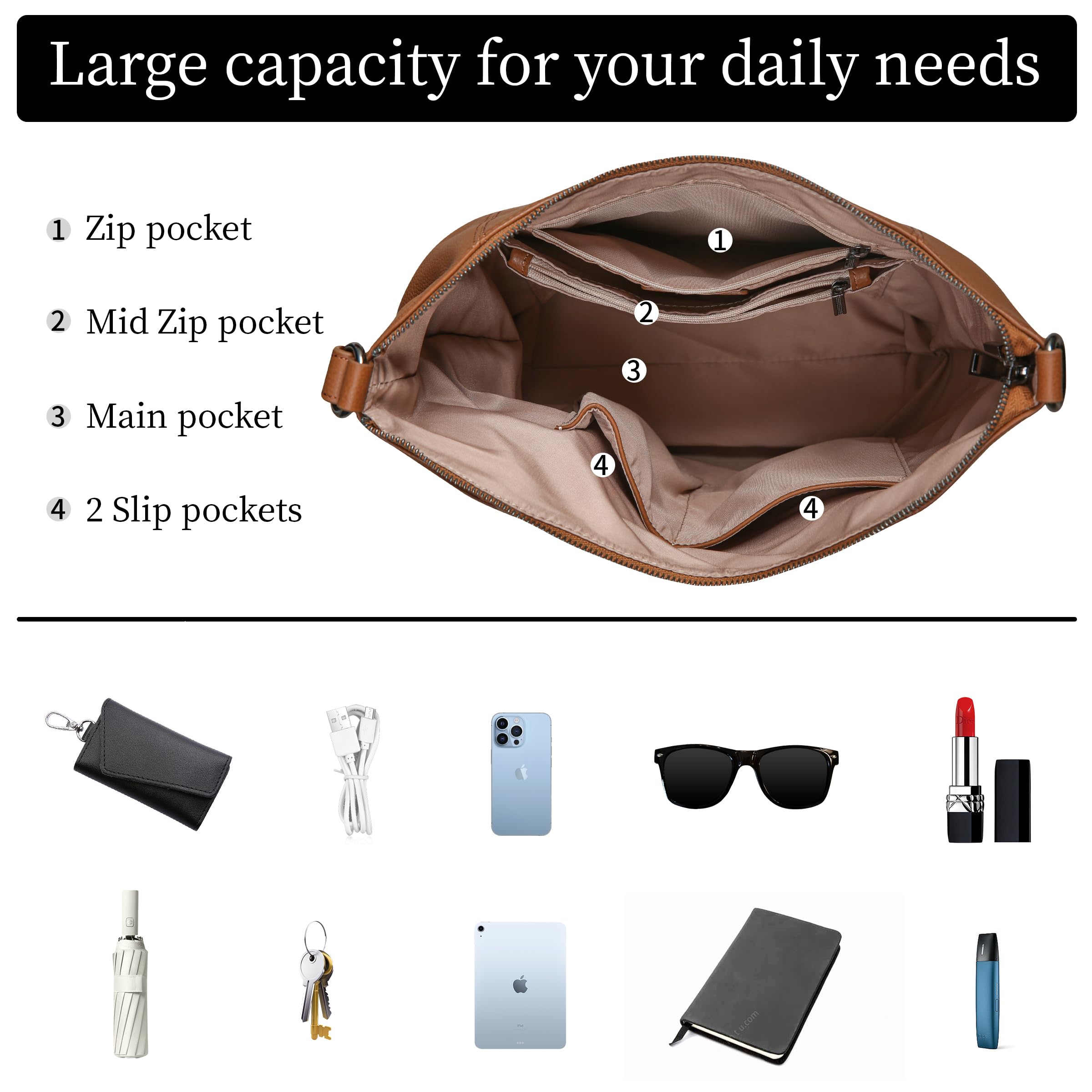 Iswee Genuine Leather Hobo Bags for Women - Stylish Shoulder Handbag & Tote Purse with Crossbody Strap, Perfect for Work, Travel & Everyday Use