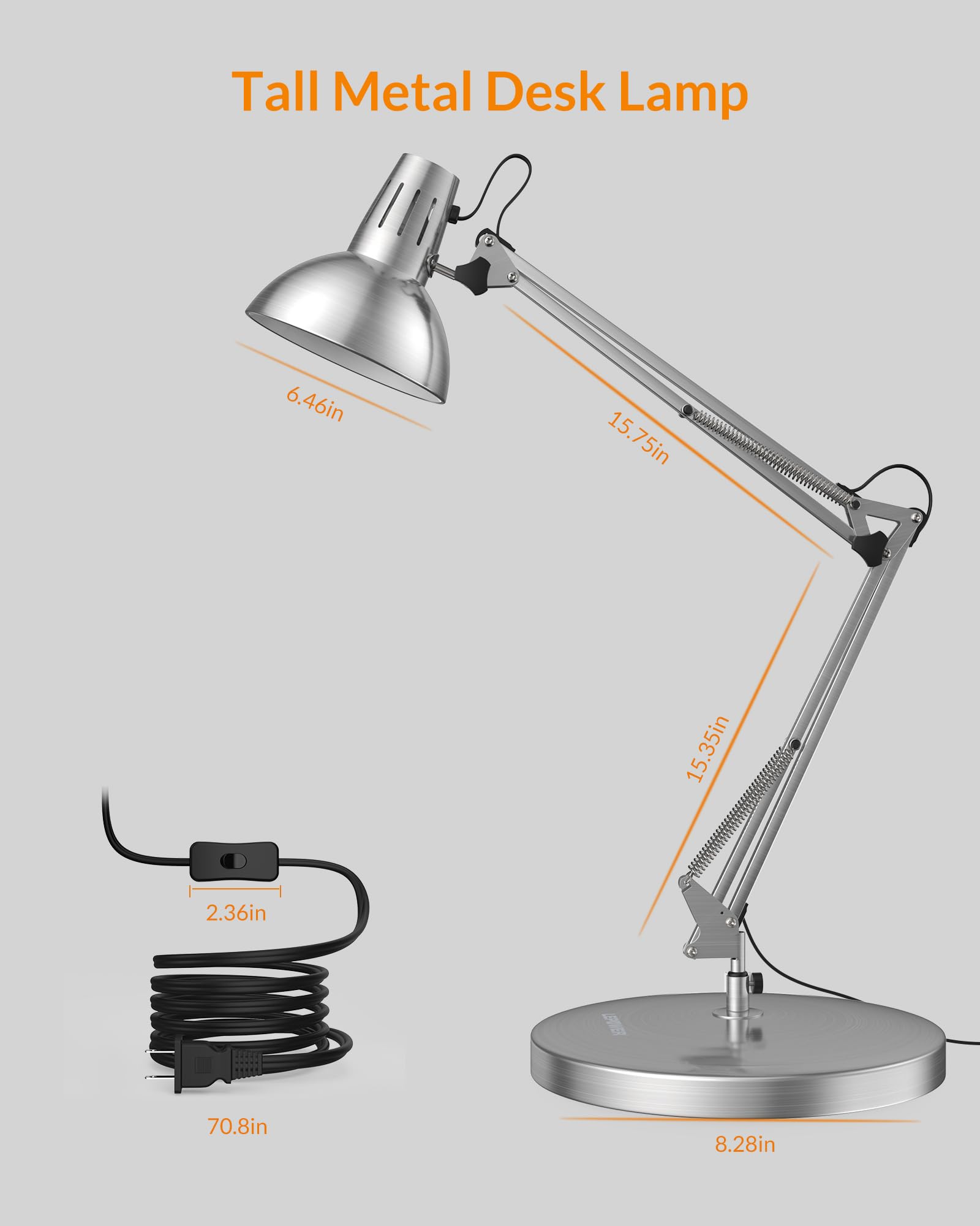LEPOWER Adjustable Metal Desk Lamp with Clamp - Architect Swing Arm Task Light, Eye-Caring Reading Lamp for Study, Office & Bedroom - Silver (Perfect for Late-Night Work, Reading & Home Office Setup)