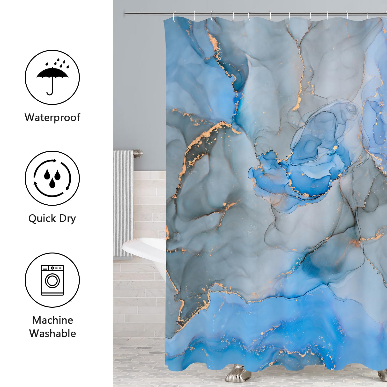 Gibelle 4-Piece Bathroom Shower Curtain Set - Non-Slip Rugs, Toilet Lid Cover & Bath Mat - Blue Grey Marble Bathroom Decor for Modern Homes - Perfect for Guest Bathrooms, Master Suites & Spa-Like Retreats
