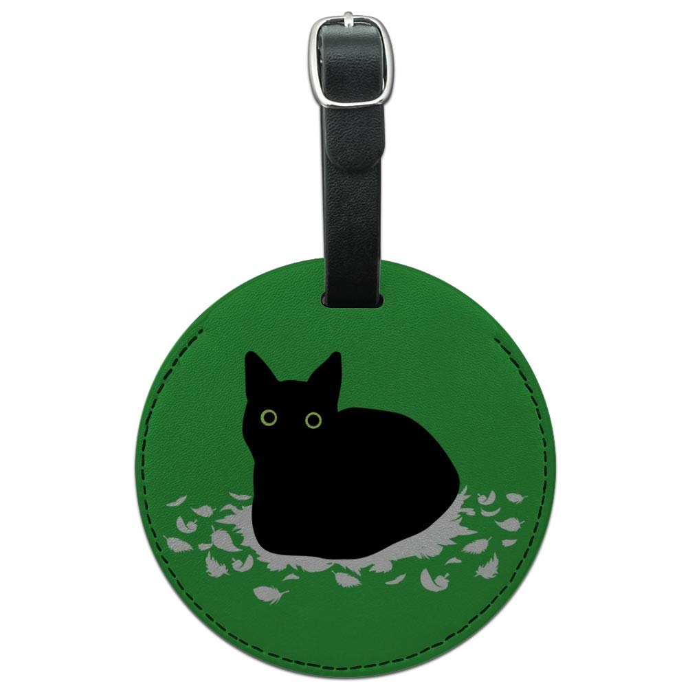Black Cat Sitting on Feathers Round Leather Luggage Tag - Personalized Carry-On ID Tag for Suitcases & Travel Bags - Perfect for Airports, Business Trips & Vacation Travel Accessories
