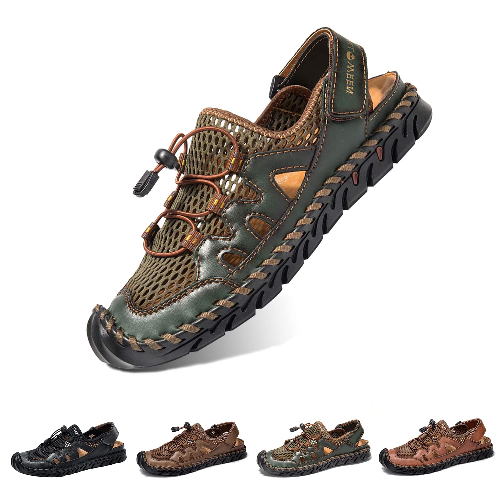 **Men's Leather Fisherman Sandals - Breathable Closed Toe Beach Shoes for Summer | Non-Slip Water Sandals for Outdoor Walking, Hiking & Athletic Activities | Handmade Comfortable Anti-Collision Slides**    *(Perfect for beach trips, hiking adventures, water sports, and casual summer outings!)*