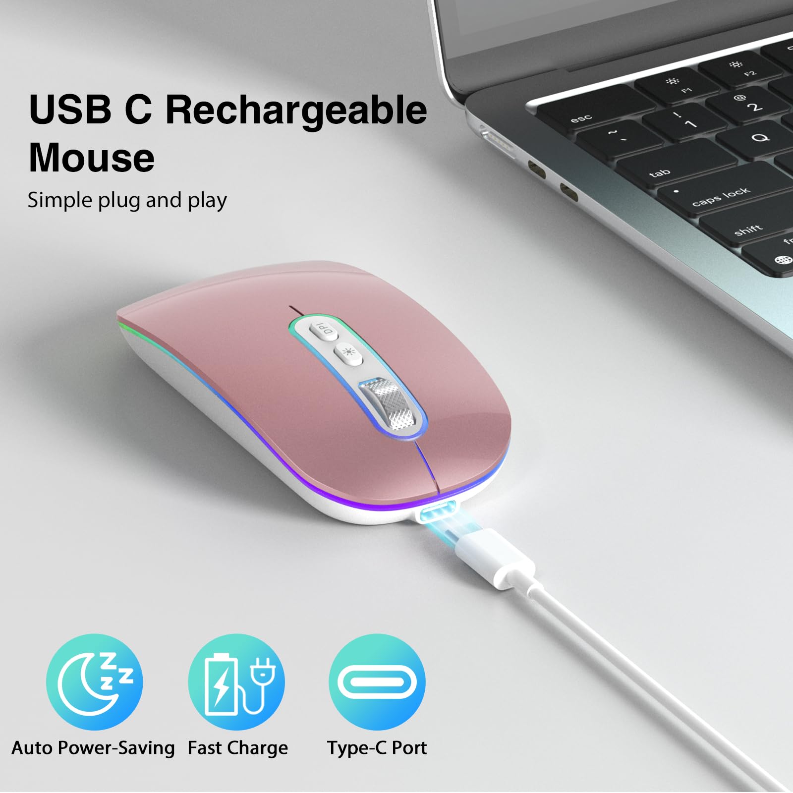 Wireless Bluetooth Mouse - Ergonomic Rechargeable Computer Mouse with Ultra Slim LED Design, Quiet Click for Office & Home Use - Perfect for Work, Gaming, or Gift (Girlfriend/Mom) - Compatible with Keyboard & Mouse Pads