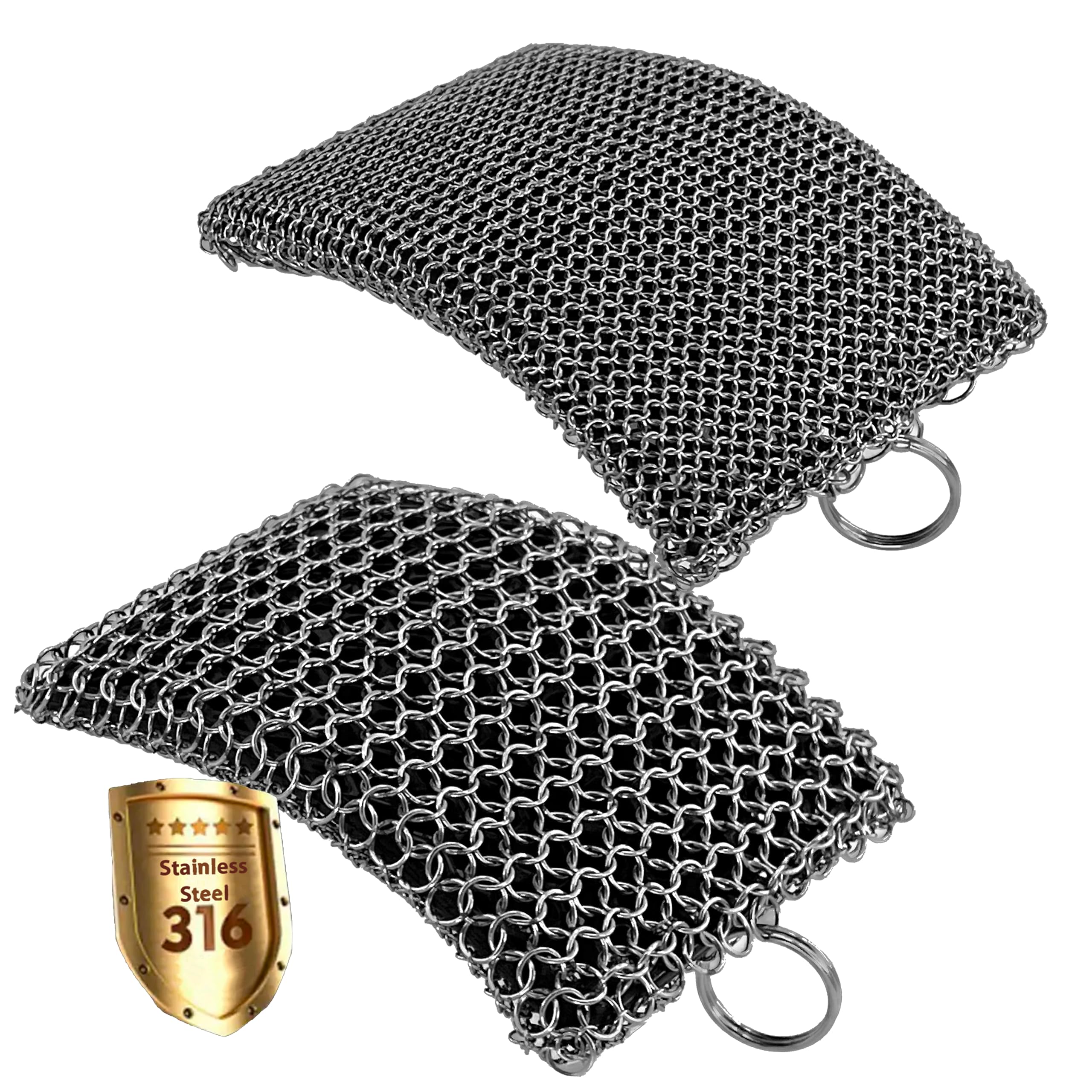316 Stainless Steel Chainmail Scrubber for Cast Iron Skillets & Cookware - Fine Ring Design with Built-in Silicone - Heavy Duty BBQ Grill & Plate Cleaner - Perfect for Seasoning & Maintaining Cast Iron Pans (2-in-1 Standard Size)