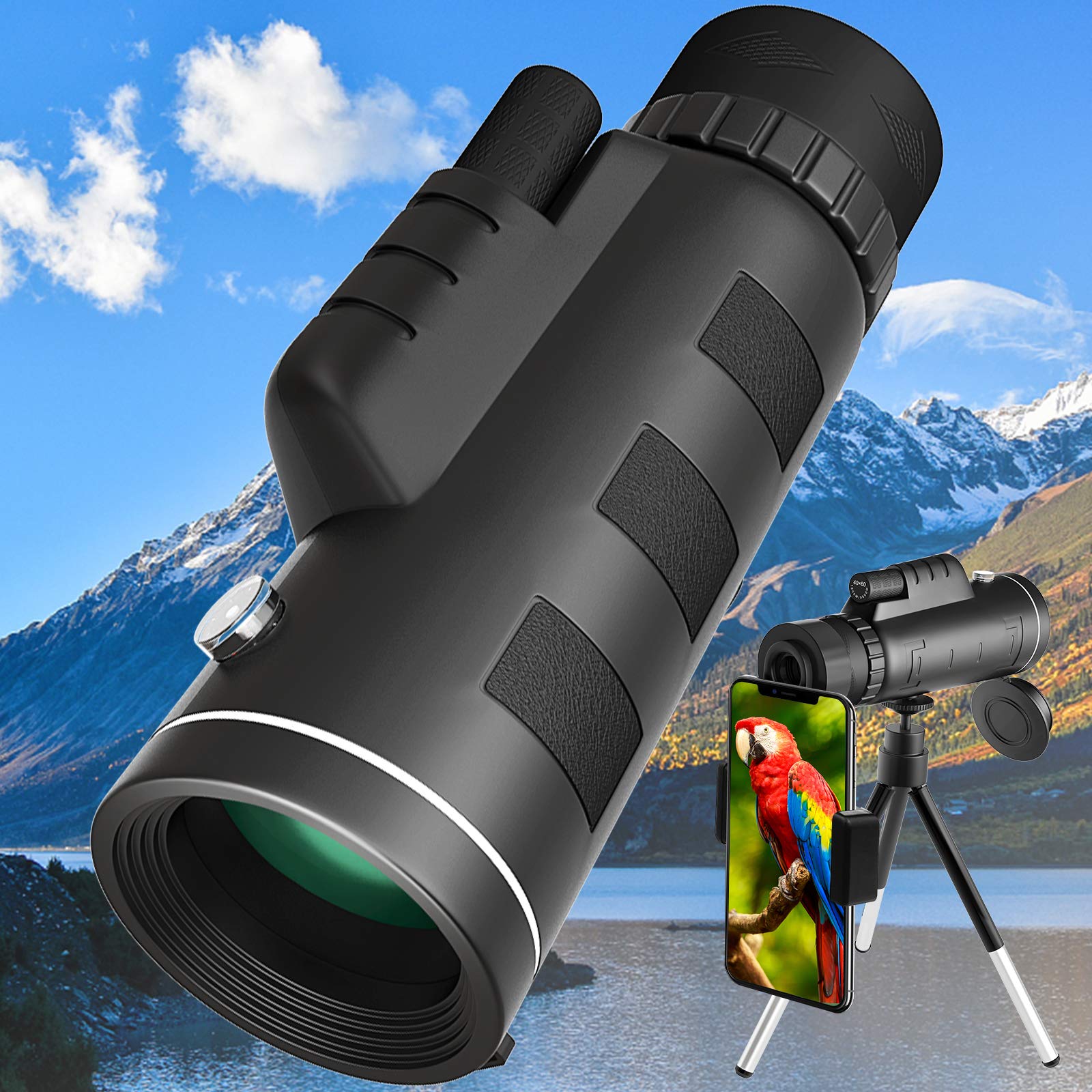 40x60 Monocular Telescope with Smartphone Adapter & Tripod - High Power Zoom Monocular for Bird Watching, Hunting, Camping, Wildlife Observation - Perfect for Outdoor Adventures and Night Vision Use
