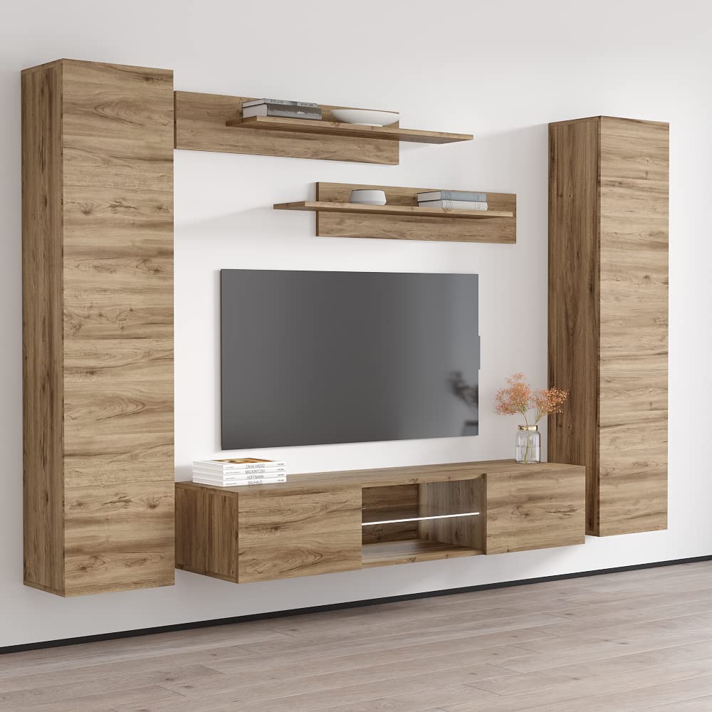 Modern Oak Wall-Mounted TV Stand with Storage Shelves & LED Lights - Floating Entertainment Center Console for Living Room & Bedroom - Perfect for Small Spaces, Home Theater Setup, and Stylish Home Decor - Meble Furniture Fly AB1 33TV Stand