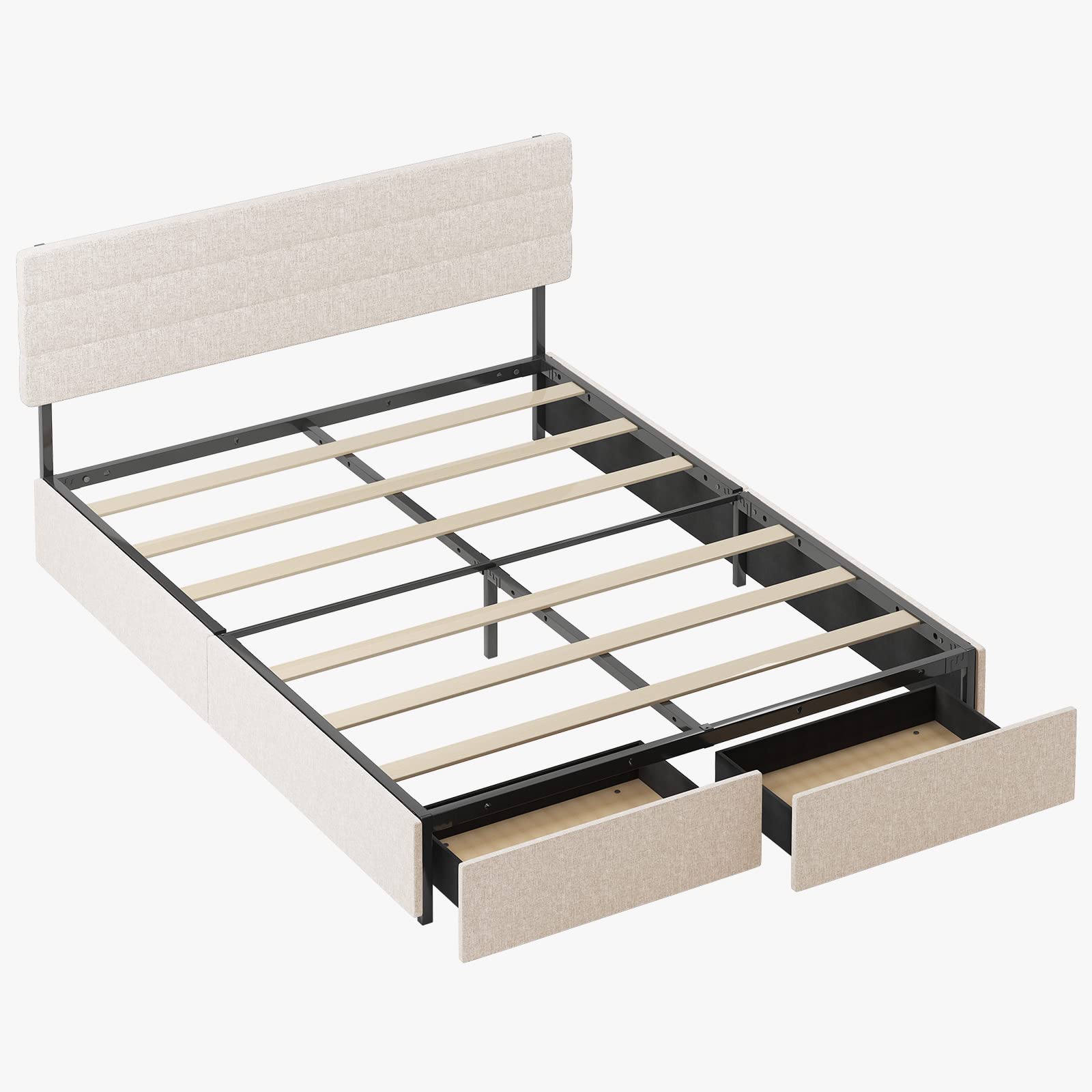 BALUS King Size Upholstered Platform Bed Frame with Large Storage Space, Mobile Wheels & Adjustable Headboard - Beige (King) | Perfect for Small Bedrooms, Guest Rooms & Modern Home Decor