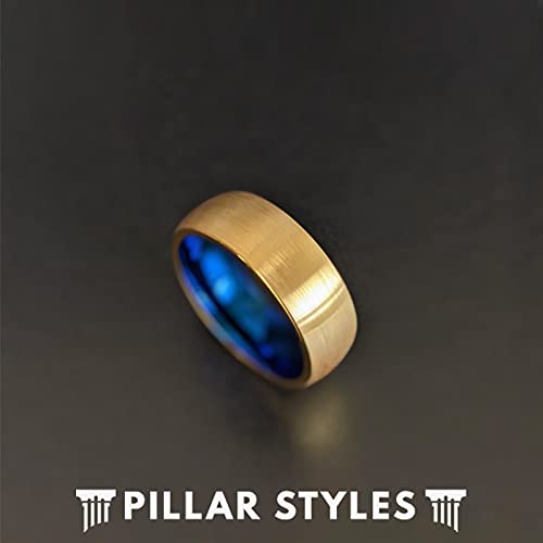 14K Yellow Gold Tungsten Men's Wedding Band with Blue Interior - 8mm Comfort Fit Ring for Him, Unique Promise & Anniversary Gift - Perfect for Engagements, Weddings & Special Occasions