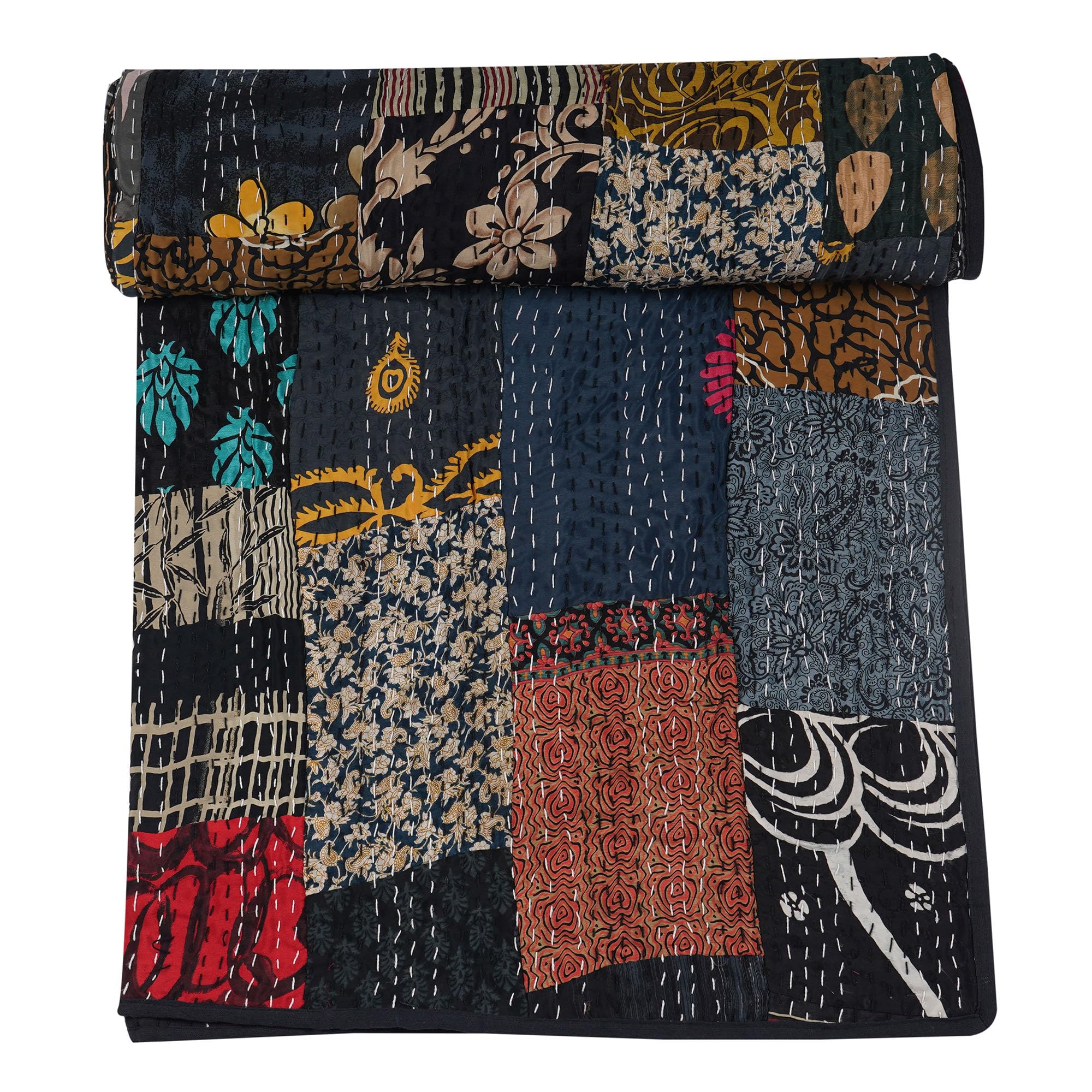 Handmade Cotton Kantha Blanket - Indian Silk Sari Patchwork Quilt | Queen Size 90x108 Inch | Soft & Lightweight for Bed, Sofa & Travel | Marubhumi Premium Blankets