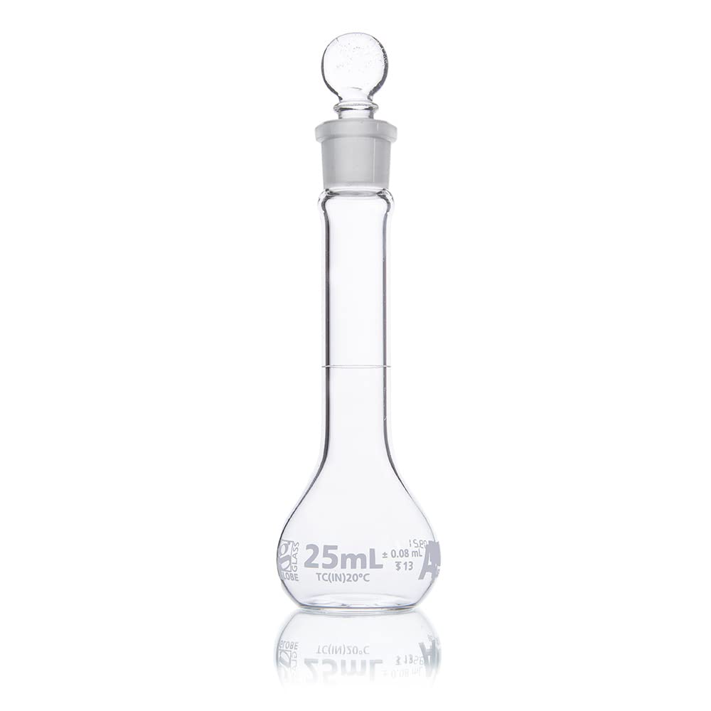 25mL Class A Volumetric Flask - Wide Mouth Borosilicate Glass (3.3) - ASTM E288 Certified - 6/Box - Perfect for Chemistry Labs & Scientific Measurements