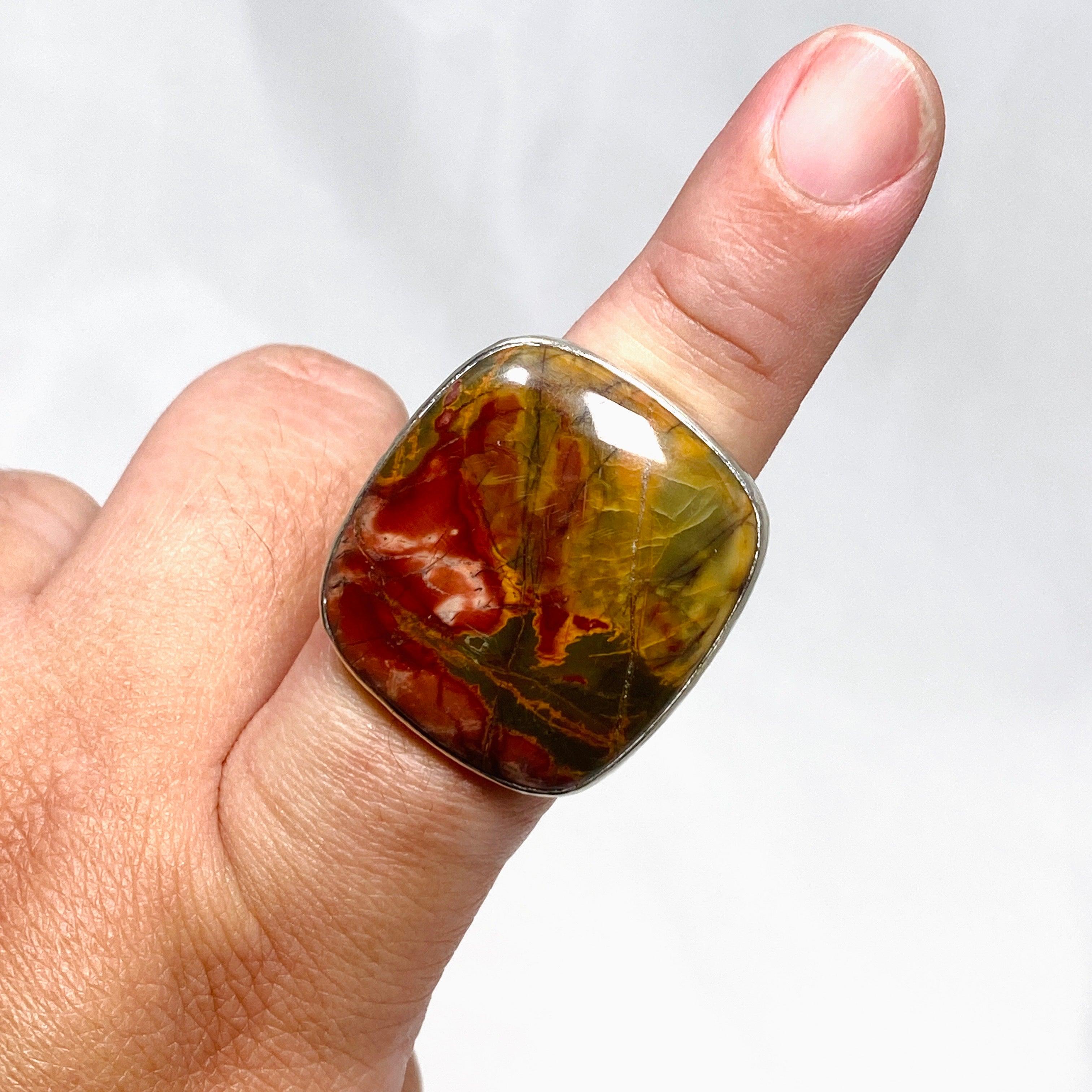 Cherry Creek Jasper Hammered Square Ring for Women - Size 8 KRGJ1607 - Boho Chic Jewelry for Everyday Wear & Special Occasions
