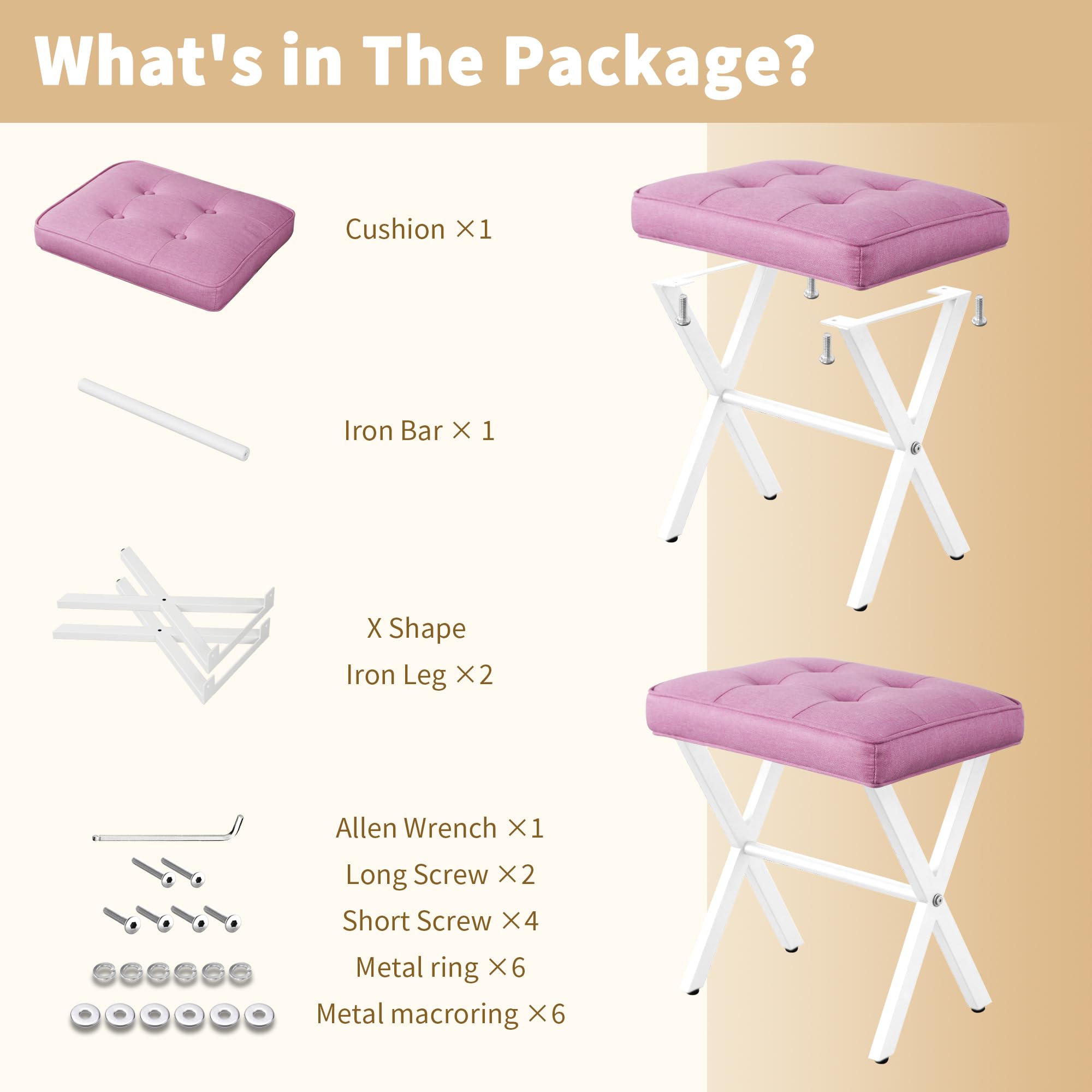 Pink Upholstered Vanity Stool with Metal X Legs - Makeup Chair, Ottoman Footrest for Bedroom, Bathroom & Living Room - Soft Padded Seat for Entryway & Dressing Area - Home Decor & Comfortable Seating Solution