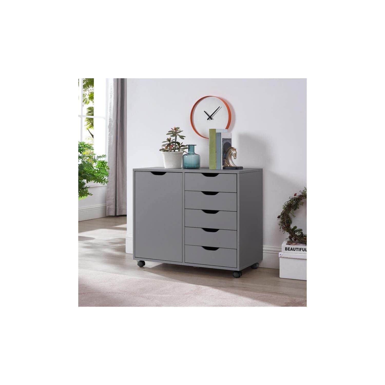Naomi Home 5-Drawer Dresser for Bedroom - Tall Storage Cabinet with Wheels, Shelves for Closet & Makeup Organization, 180 lbs Capacity, Gray - Perfect for Small Spaces & Modern Bedroom Decor