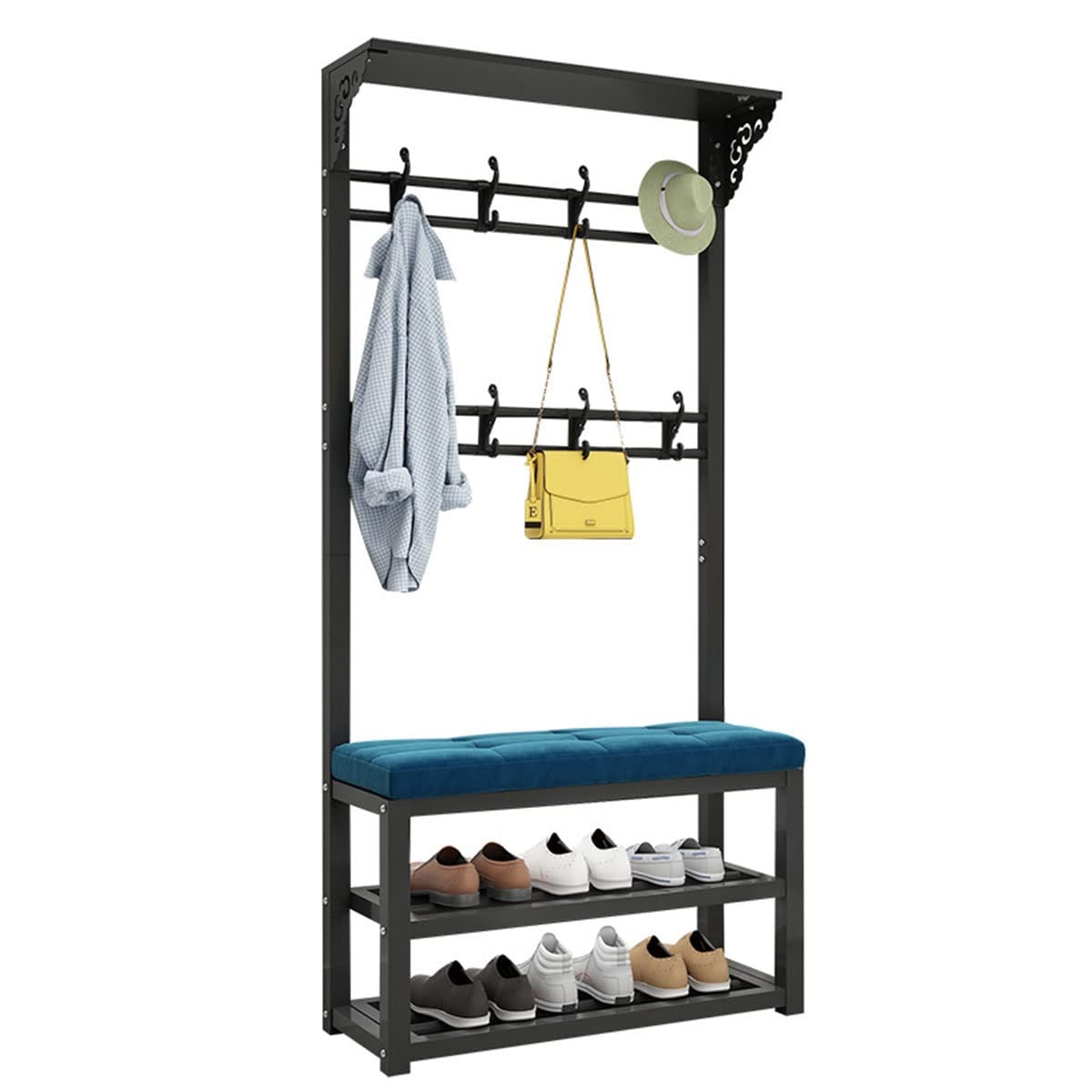 OTBK 3-in-1 Entryway Hall Tree with Coat Rack, Shoe Bench & Storage - Metal Frame Organizer for Clothes, Shoes, Baskets, Boots, Bags & Umbrellas (Black, 60x30x172cm) - Perfect for Small Spaces, Apartments & Mudroom Organization