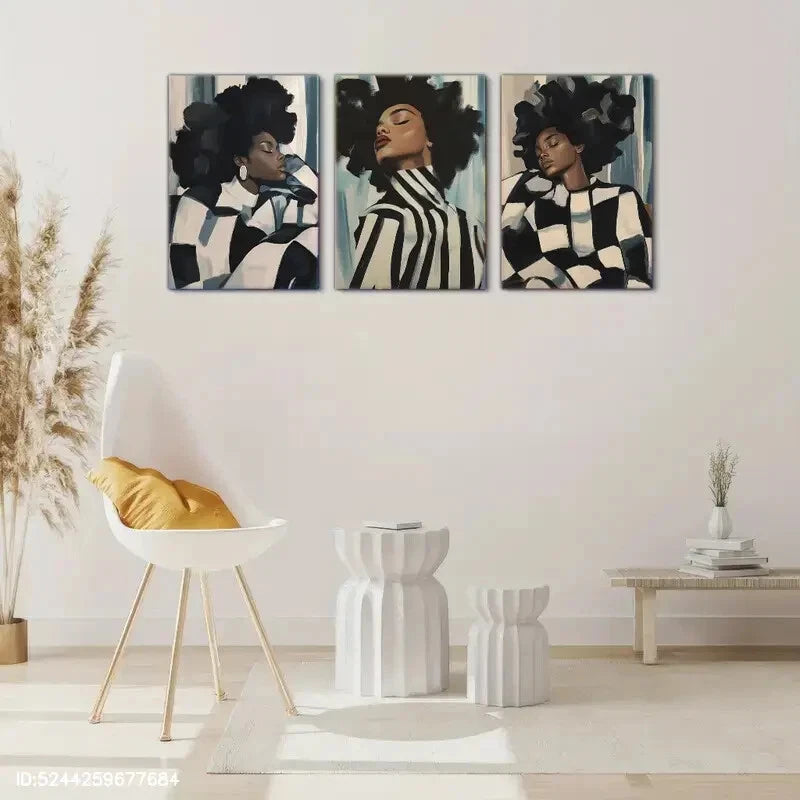 3Pcs Abstract African Woman Feminine Portrait Metal Wall Art - Ready to Hang Canvas Prints for Living Room, Bedroom & Office Decor