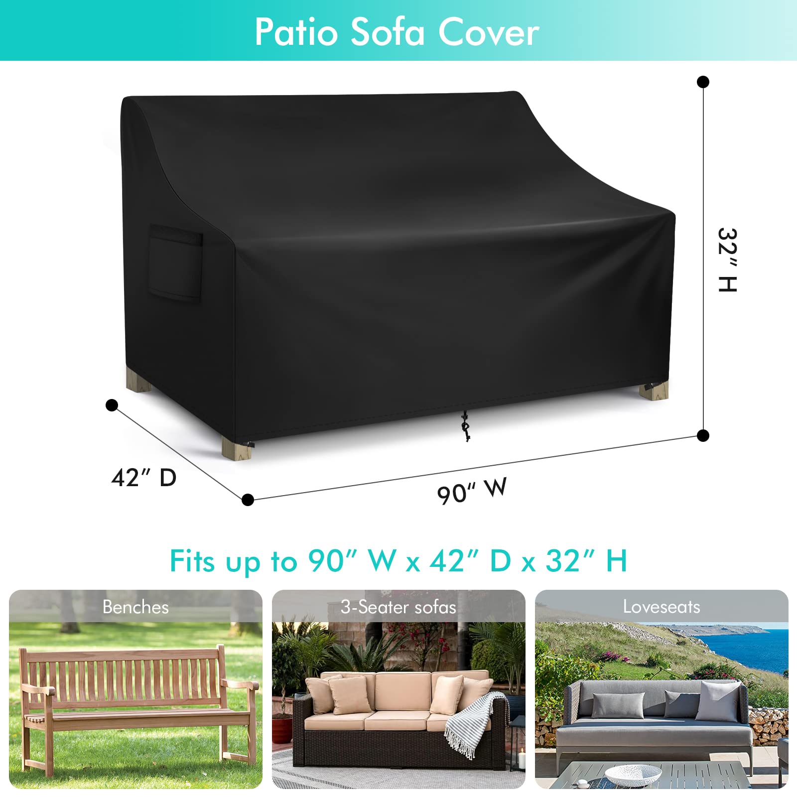 WLEAFJ Waterproof 3-Seater Outdoor Sofa Cover - Heavy Duty Patio Couch Cover for 90’’W x 42’’D x 32’’H Furniture with Air Vent - Perfect for Lawn, Garden & Backyard Protection