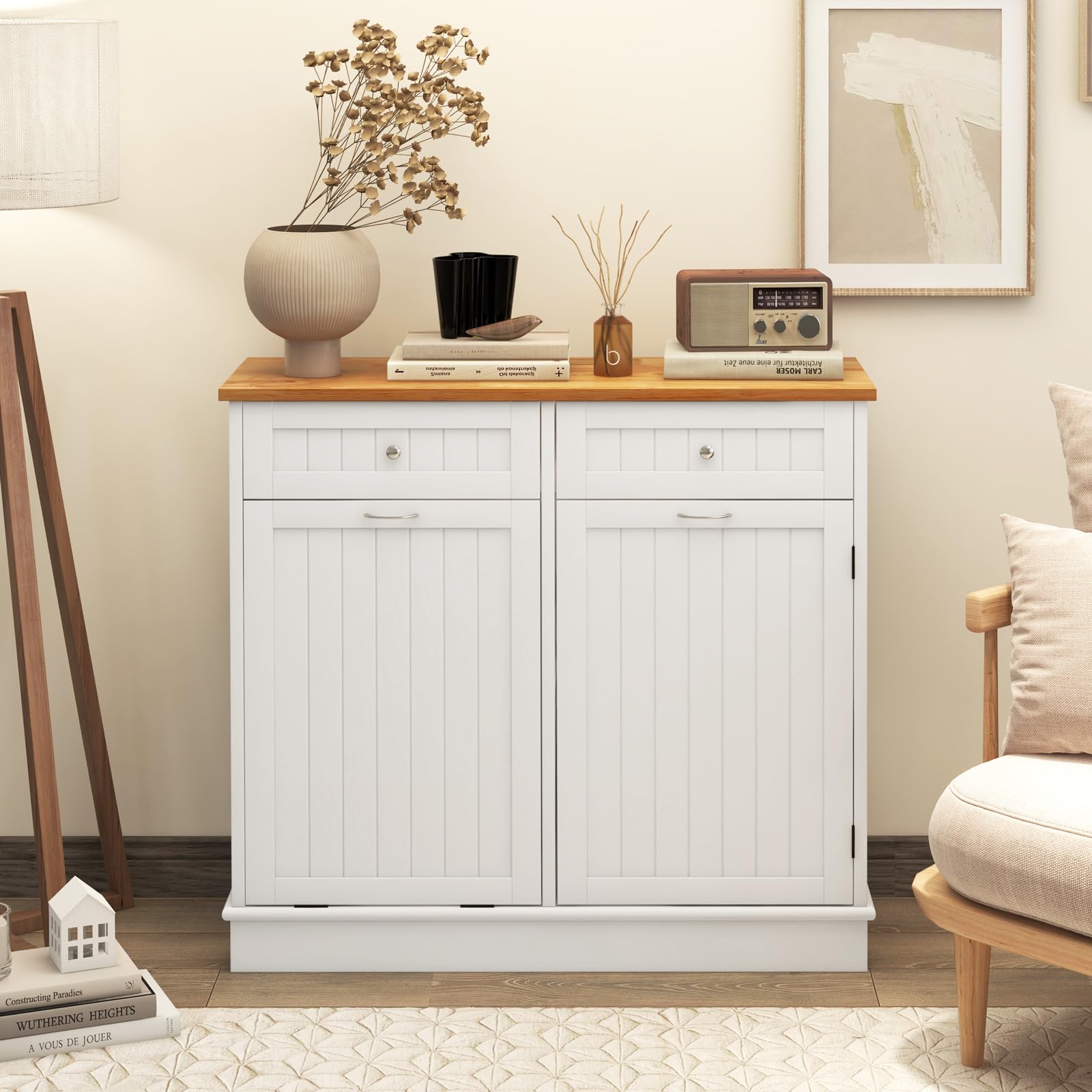 Tilt Out Trash Cabinet - White Kitchen Island with 2 Drawers, Adjustable Shelf & Rubber Wood Countertop | Freestanding Laundry Hamper & Pet Proof Garbage Can Holder with Recycle Bins | Perfect for Small Kitchens, Laundry Rooms & Pet-Friendly Homes