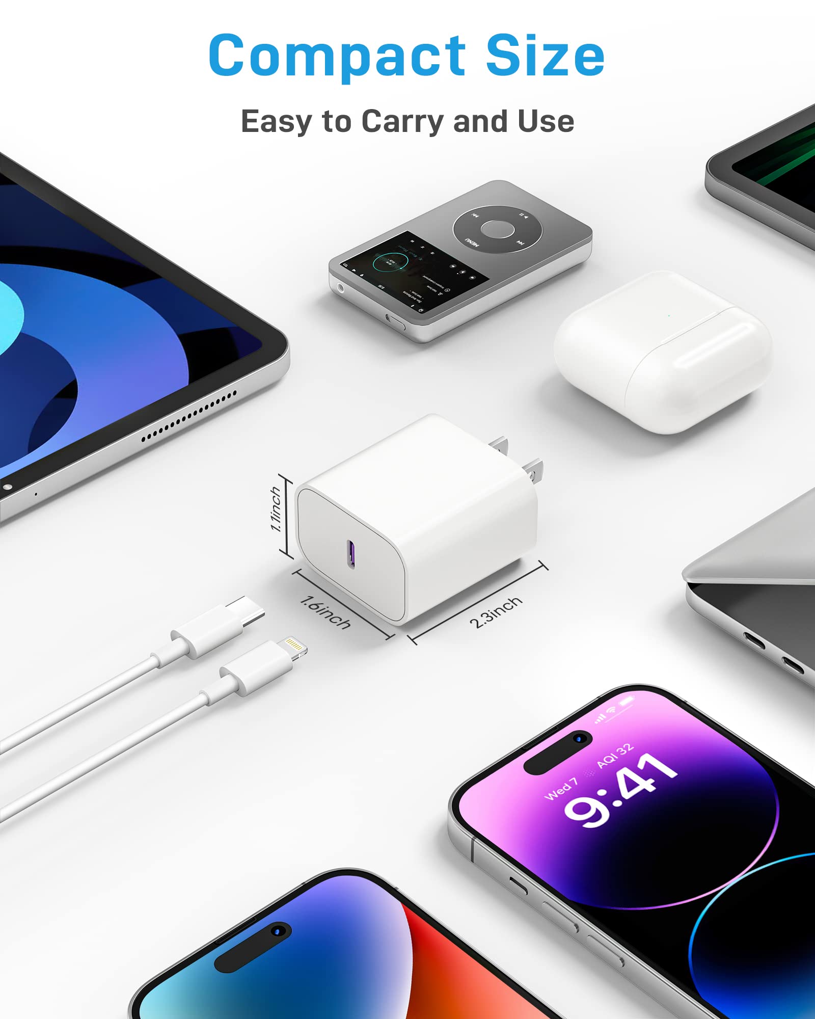 Apple MFi Certified 20W PD Fast Charger with 6FT USB C to Lightning Cable - Compatible with iPhone 14/13/12/11 Pro/Max/XR/XS/Plus, iPad & AirPods (2 Pack) - Perfect for Home, Office & Travel Charging