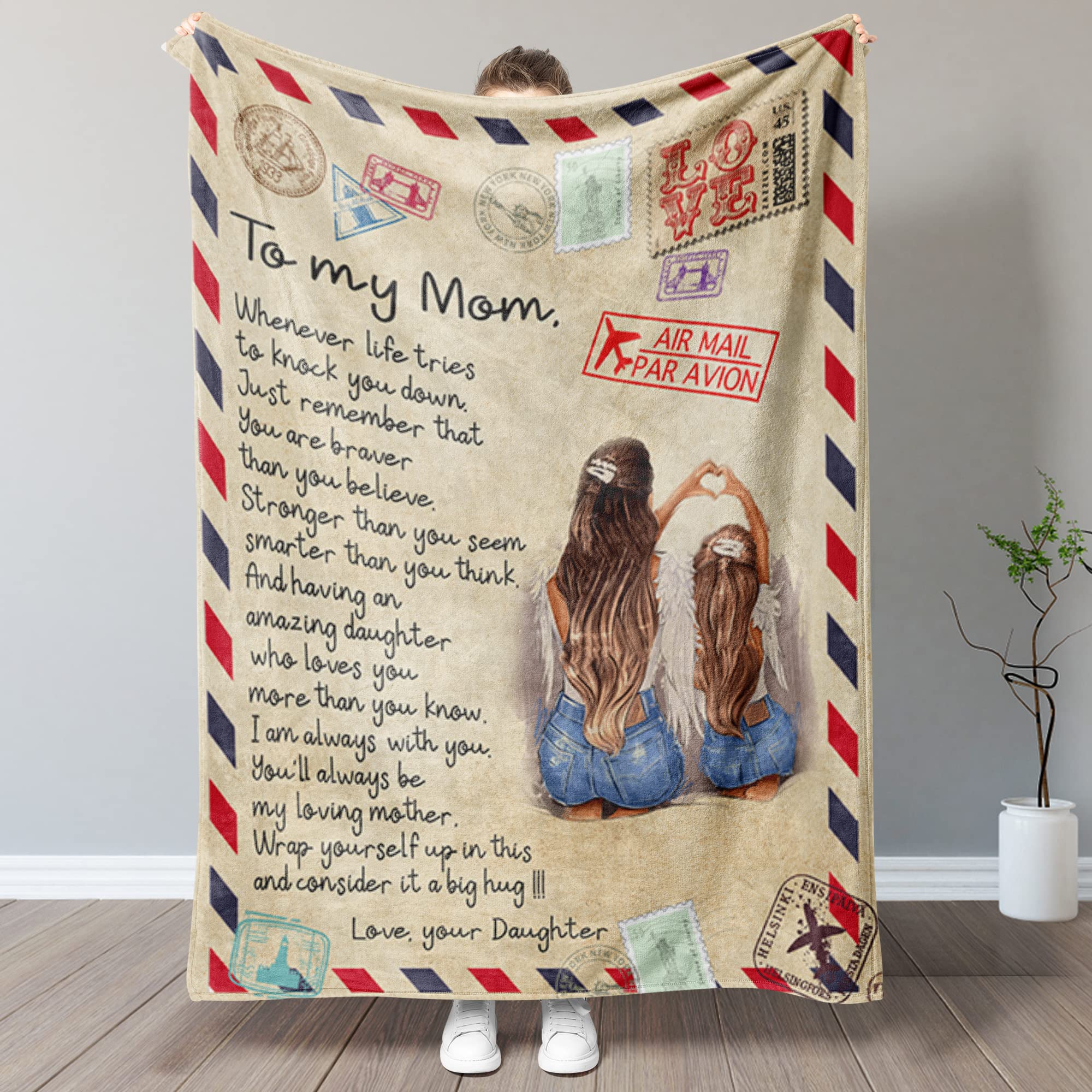 2022 Pavo Personalized Mom Fleece Blanket with Letter Print - Air Mail Design, Perfect Birthday, Valentine's Day, Thanksgiving, Mother's Day & Christmas Gift for Mom, Ideal for Cozy Nights, Family Movie Time & Relaxing Evenings