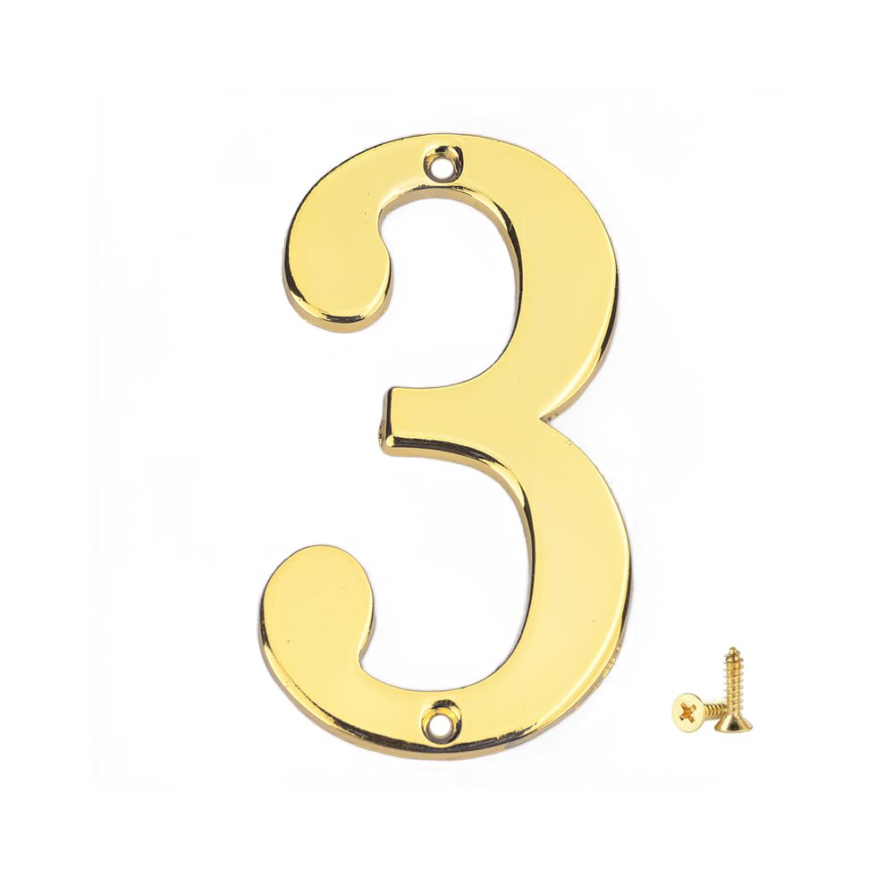 3 Inch Solid Zinc Alloy Metal House Numbers with Screws - Gold No.3, Durable Outdoor Address Plaque for Mailbox, Apartment, Office & Hotel Room - Perfect for Home Security and Easy Location Identification