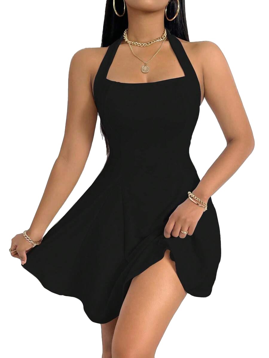 Narecte Women's Summer Halter Neck Backless A-Line Mini Dress - Sexy Casual Cute Dress for Beach, Party & Date Night