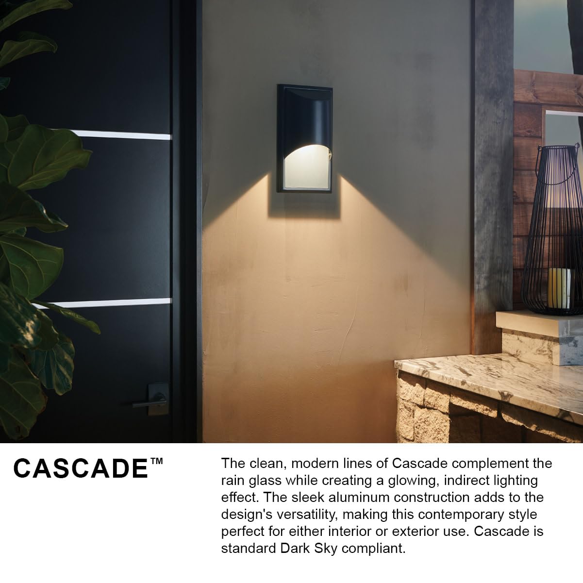 Hinkley Cascade Medium Tall Wall Mount Lantern - 1-Light Outdoor Sconce with Amber Etched Organic Rain Glass, Dark Sky Compliant, Satin Black Aluminum Finish - Perfect for Porch, Patio, and Entryway Lighting