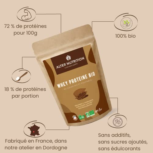 Alter Nutrition Whey Protein Bio Cocoa Powder - 72% High Protein, Organic Fair Trade Cocoa, French Made Milk Protein Supplement (500g) - Perfect for Post-Workout Recovery & Healthy Smoothies