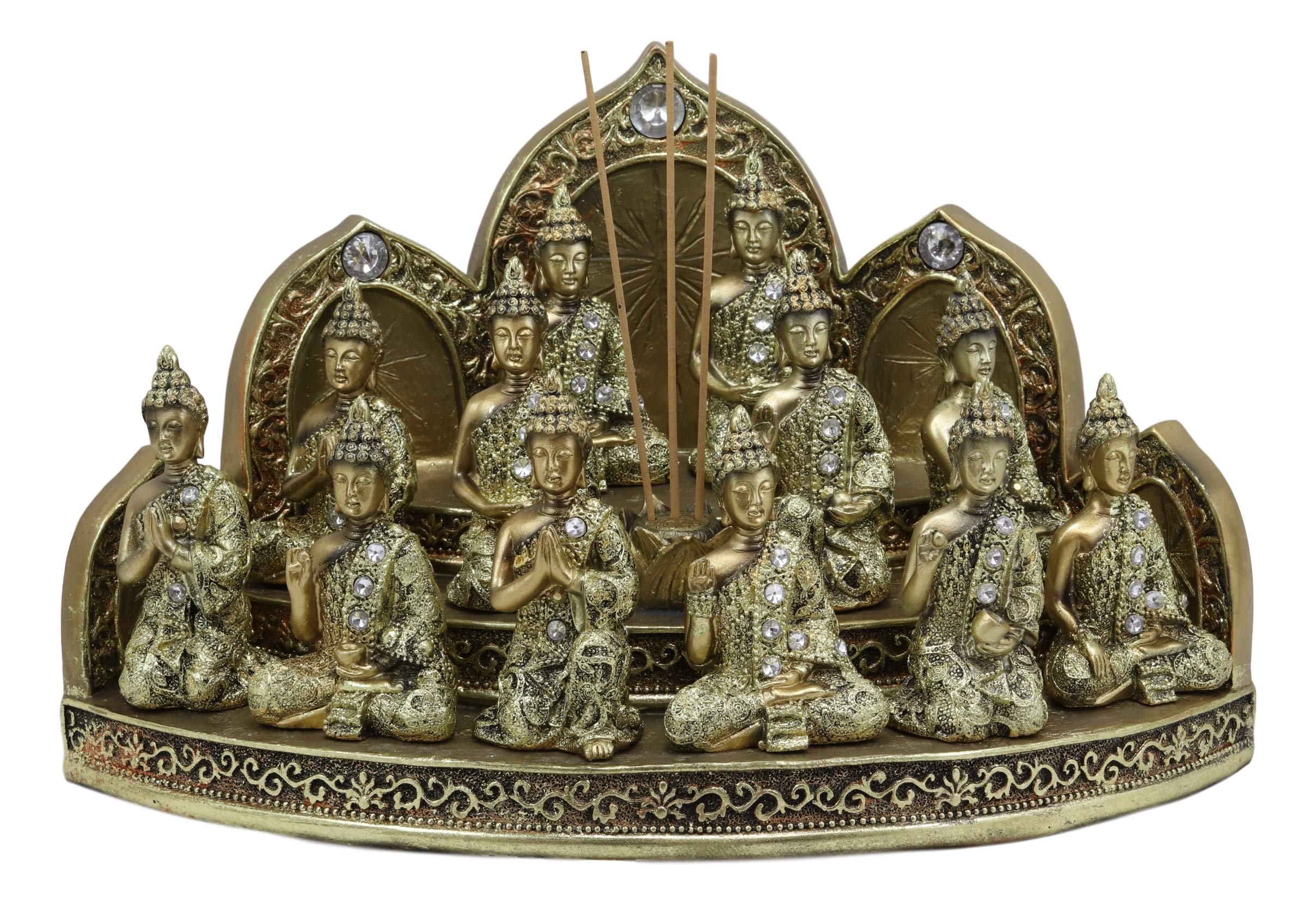 Ebros Gift Golden Tibetan Buddhism Altar Shrine Steps Miniature Display Stand with Lotus Padma Incense Holder & 12 Mini Buddha Statues - Amitabha Shakyamuni Meditation Set for Home Altar, Feng Shui Decor, Spiritual Practice & Meditation Space Enhancement