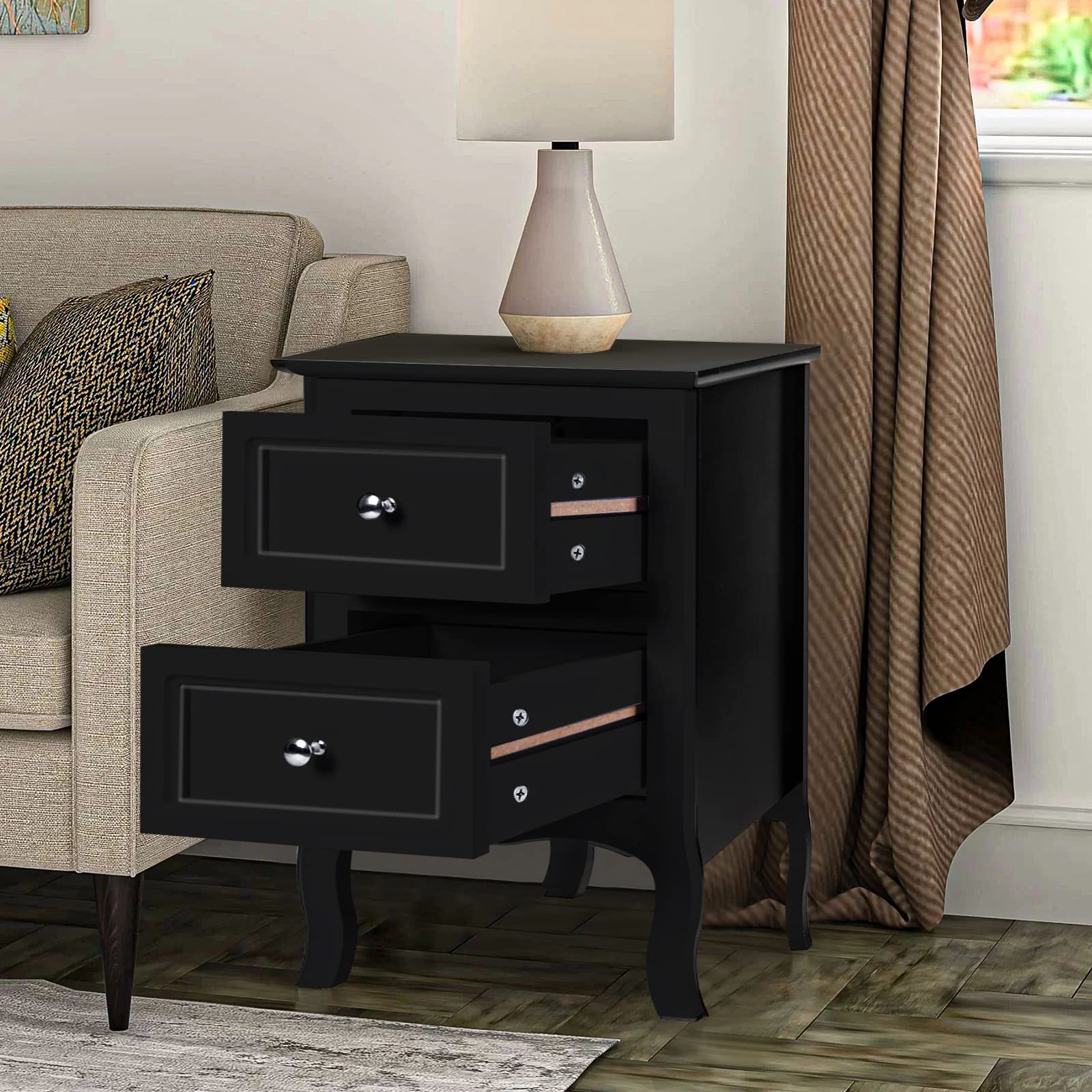 VERYKE Nightstand Set of 2 with 2 Drawers - Small Bedside Table with Metal Handles, Farmhouse Style Storage Cabinet for Bedroom, Living Room, Office - Perfect for Small Spaces & Home Organization (Black)