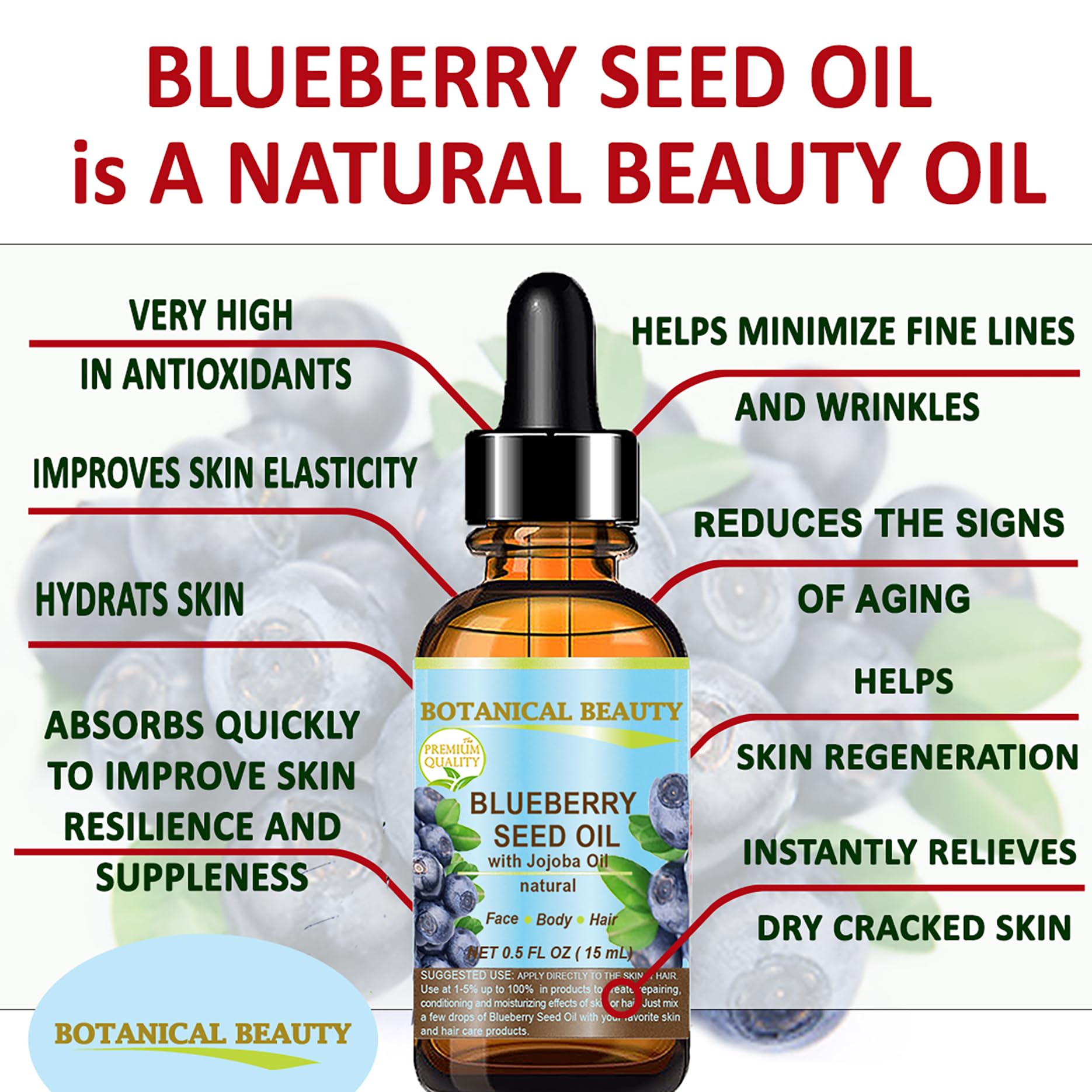 Organic Cold-Pressed Blueberry Seed Oil - 100% Pure Virgin Unrefined Carrier Oil for Face, Hair & Skin Care (1 Fl.oz / 30ml) | Natural Anti-Aging Moisturizer for Dry Skin, Nails & Body | Perfect for DIY Beauty Recipes & Aromatherapy