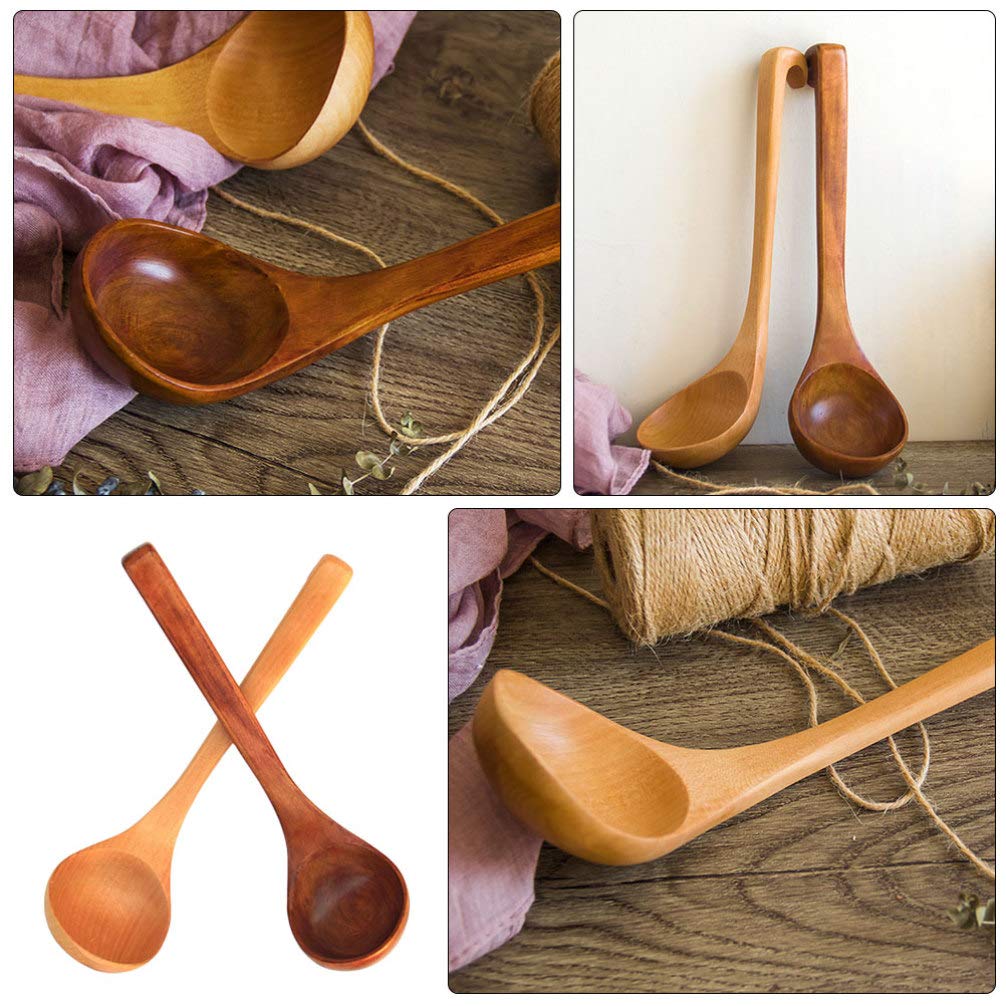 2PCS Wooden Spoons Set - Long Handle Wooden Ladle & Scoop for Cooking, Serving, and Stirring - Japanese Style Kitchen Utensils - Perfect for Soup, Salad, Pasta & Baking - Eco-Friendly Wooden Flatware for Home & Restaurant Use