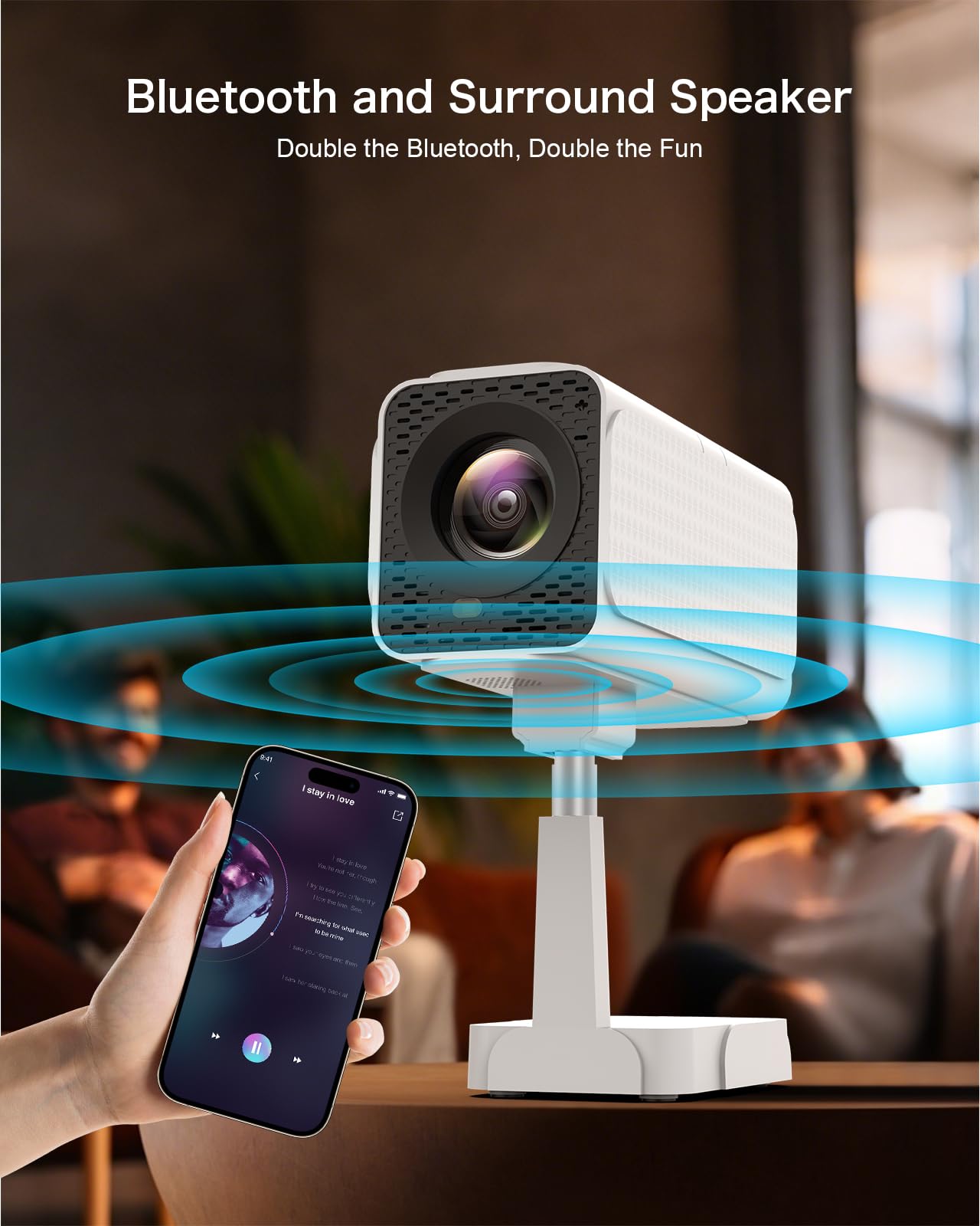 PANSEBA Smart WiFi Bluetooth Projector with Auto Keystone - 4K Supported Mini Projector with Telescopic Stand | Outdoor Movie Projector, Home Theater for Phone, Netflix-Licensed | Perfect for Backyard Movie Nights & Indoor Entertainment