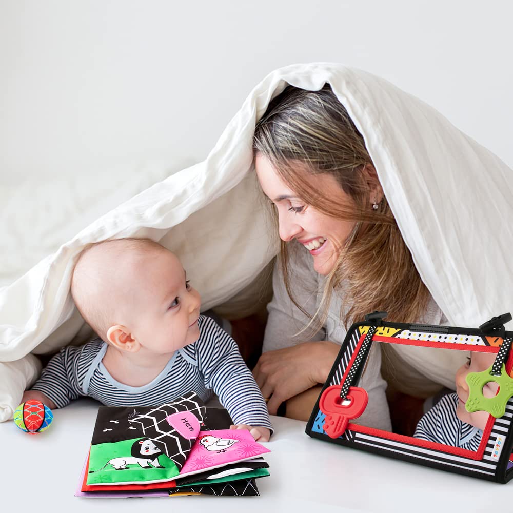 3-in-1 Tummy Time Mirror & Sensory Toy Set with Soft Crinkle Book, Teether, Rattle - High Contrast Black & White Montessori Baby Developmental Toys for Newborns 0-12 Months | Perfect for Crawling Practice, Sensory Stimulation & Early Learning