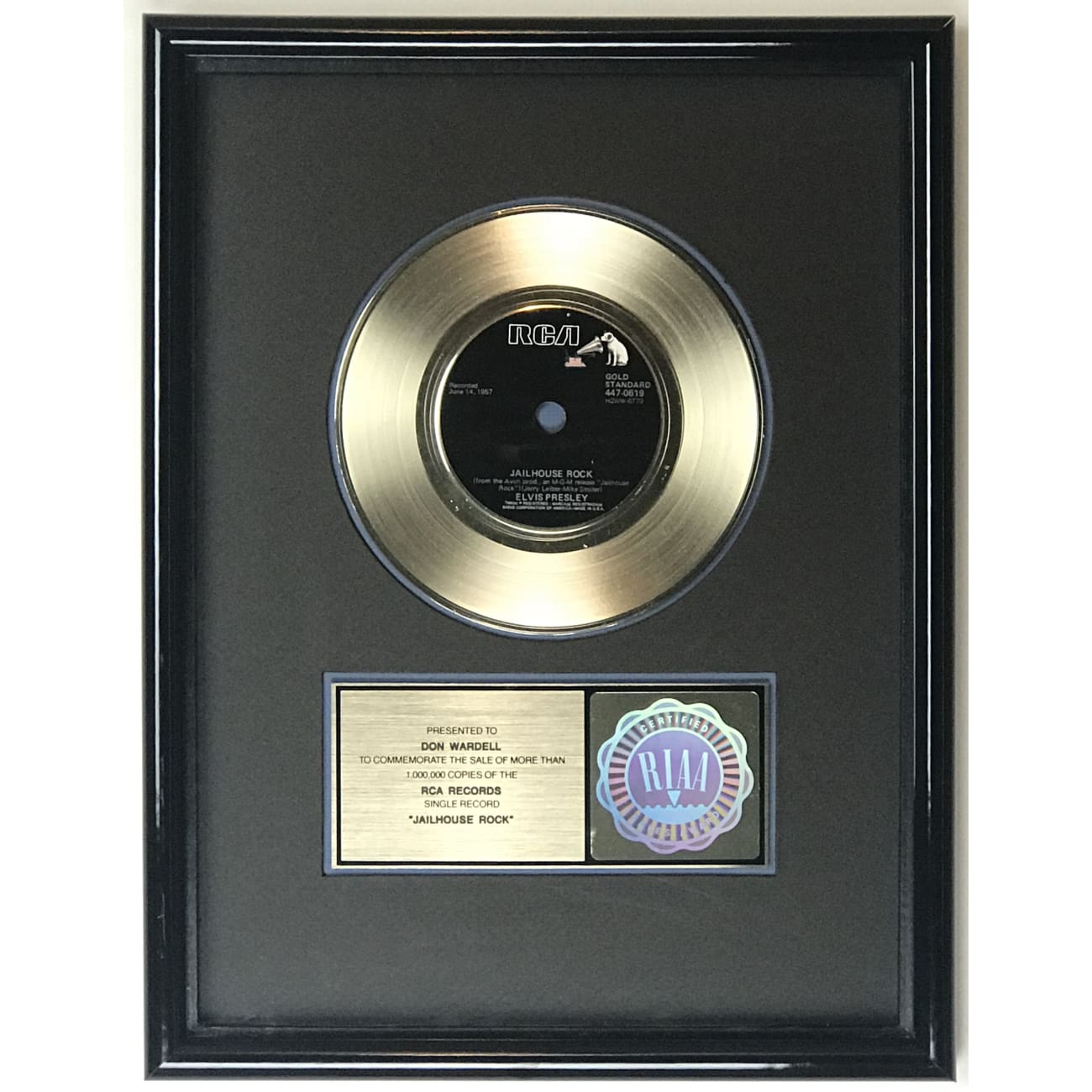 Elvis Presley Jailhouse Rock RIAA Gold 45 Single Award - Rare Vintage Collectible Record for Music Lovers & Memorabilia Collectors - Perfect for Home Decor, Gift Giving & Music History Displays
