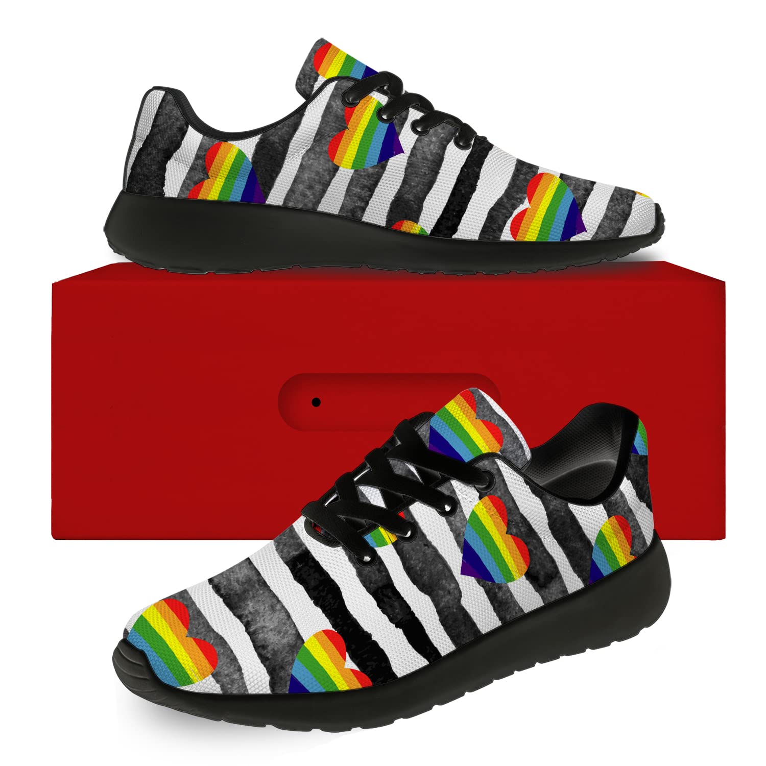 LGBTQ Pride Running Shoes for Women & Men - Rainbow Heart Design Walking & Tennis Sneakers in Black & White Stripes - Size 5 Men/7 Women - Perfect for Pride Events, Gym Workouts & Casual Wear