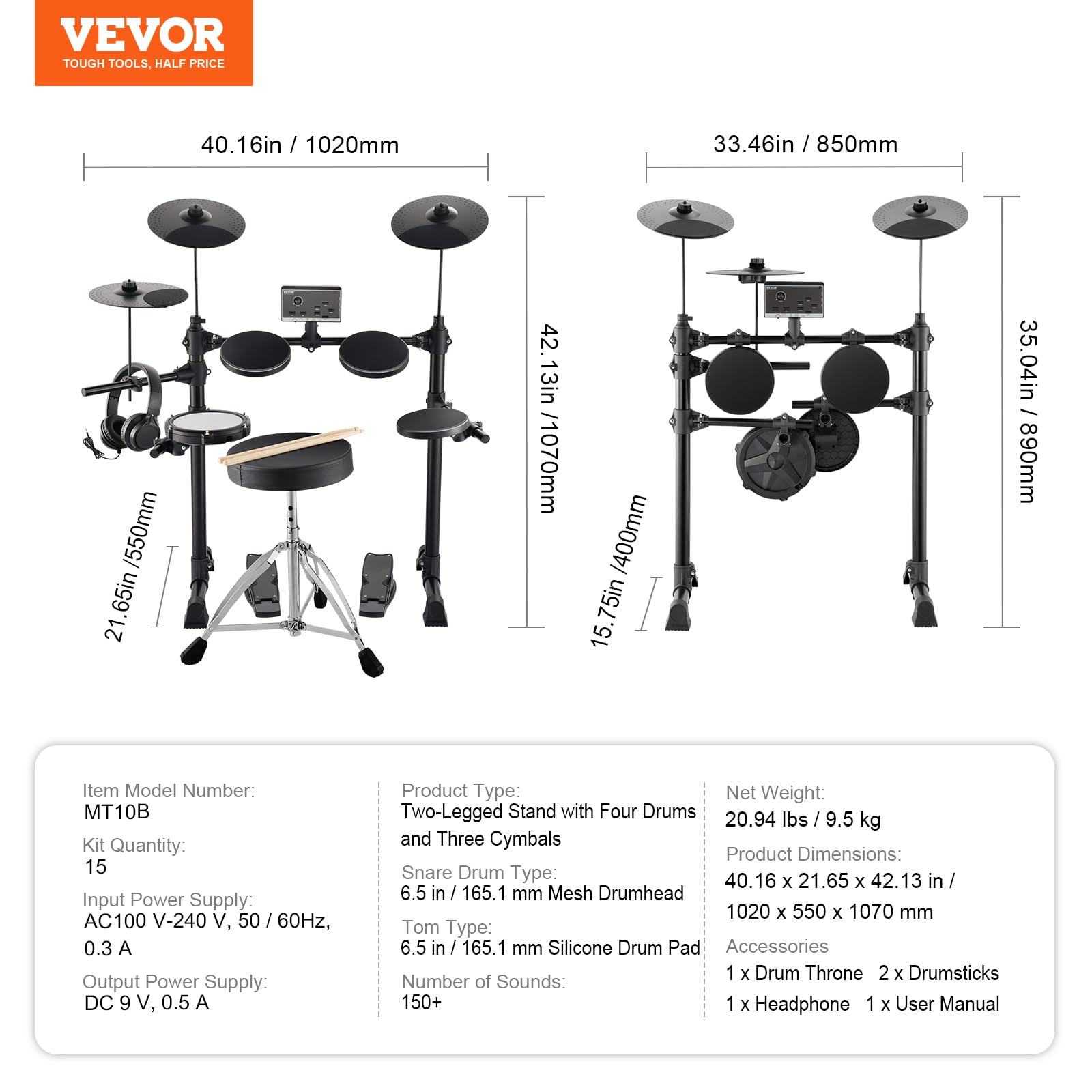 VEVOR Electric Drum Set - 15 Drum Kits & 150 Sounds Electronic Drum Kit with USB MIDI Support, 6.5