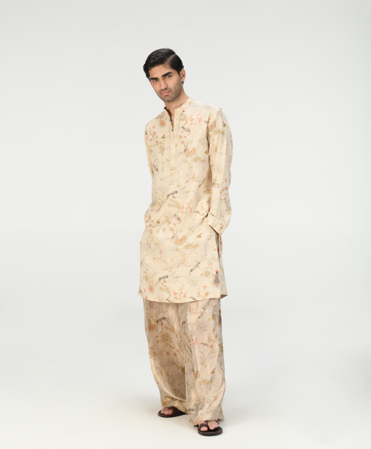Bade Miyan Kurta Muga Satin Silk Ivory - Premium Indian Traditional Wear for Men - Perfect for Weddings, Festivals & Cultural Events