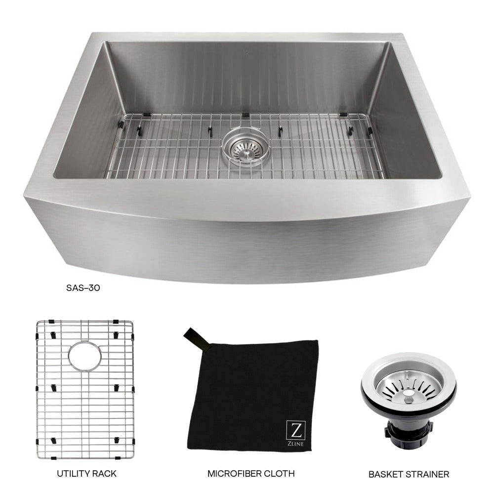 ZLINE Zermatt 30-inch Farmhouse Apron Front Stainless Steel Single Bowl Kitchen Sink with Bottom Grid (SAS 30) - Perfect for Rustic & Modern Farmhouse Kitchens, DIY Installations & Heavy-Duty Cooking