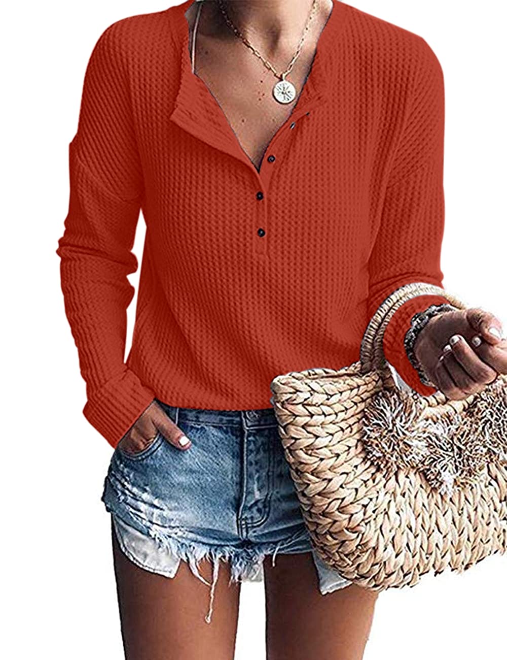 MOLERANI Women's Waffle Knit Tunic Top - Loose Fit Long Sleeve Button Up Henley Shirt with V-Neck | Casual Fall & Winter Layering Piece for Work, Dates & Everyday Wear