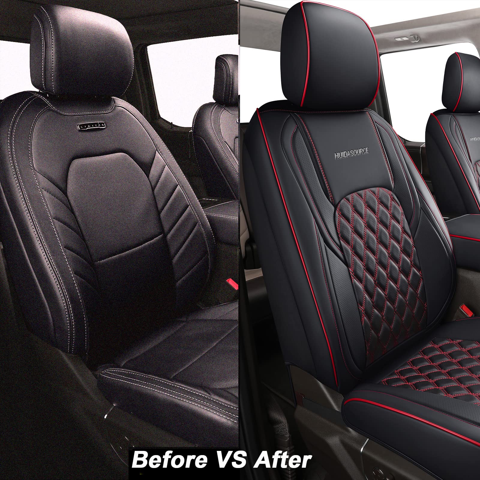 Premium Leather Seat Covers for Jeep Wrangler JL 4-Door 2018-2024 - Custom Fit Full Set with Black & Red Design - Durable Car Seat Protectors for Off-Road & Daily Driving