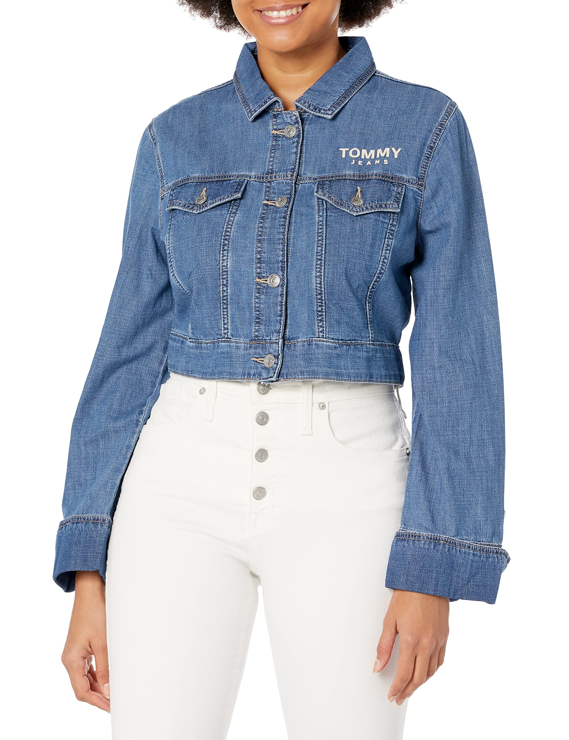 Tommy Hilfiger Women's Cropped Denim Jacket - Vintage Washed Trucker Style for Casual Outfits | Perfect for Spring Layering & Weekend Outings
